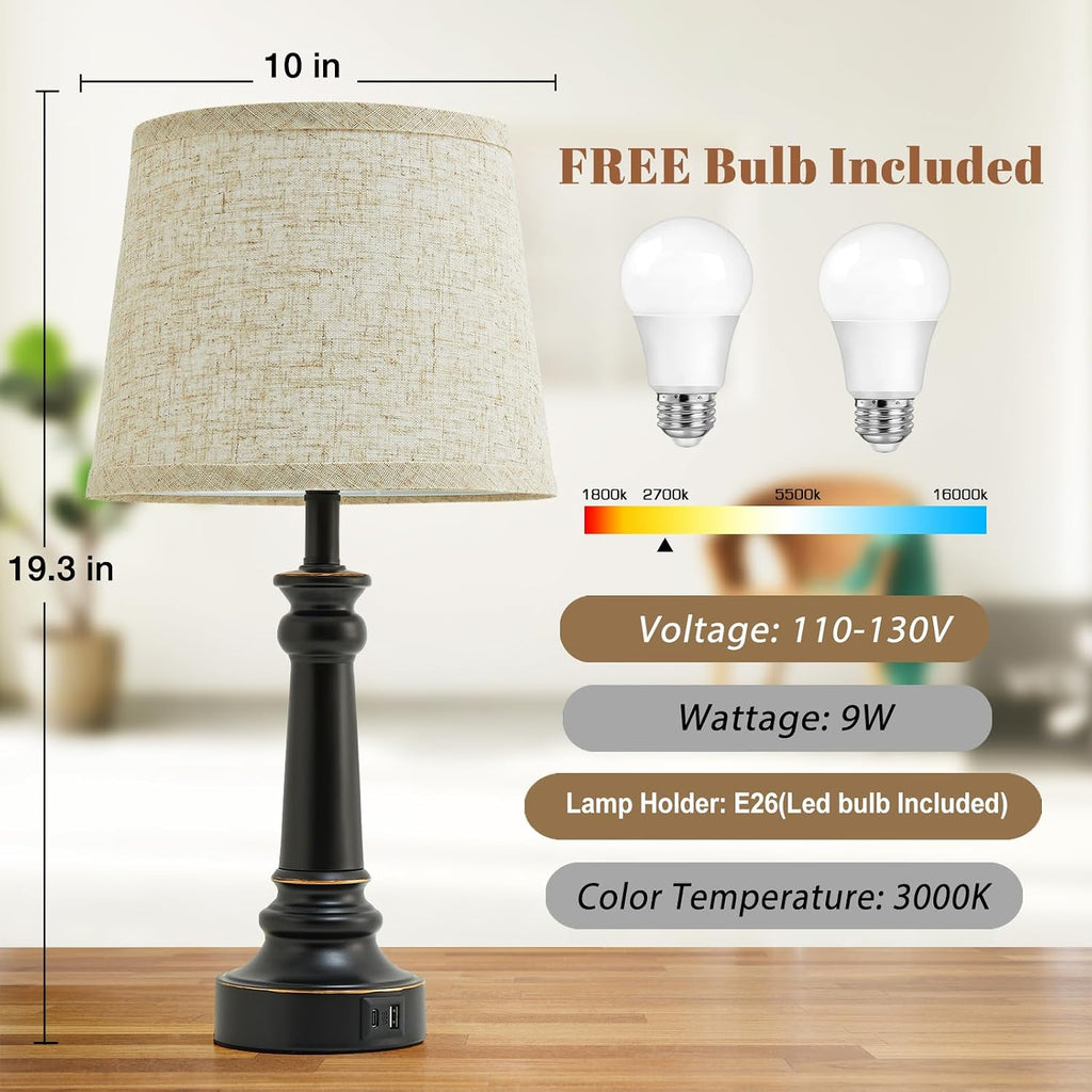 EJIAXIN Touch Lamps for Nightstand Set of 2 - Black Table Lamp for Bedroom Dimmable Bedside Lamp with USB C+A Ports - Lamps for Night…