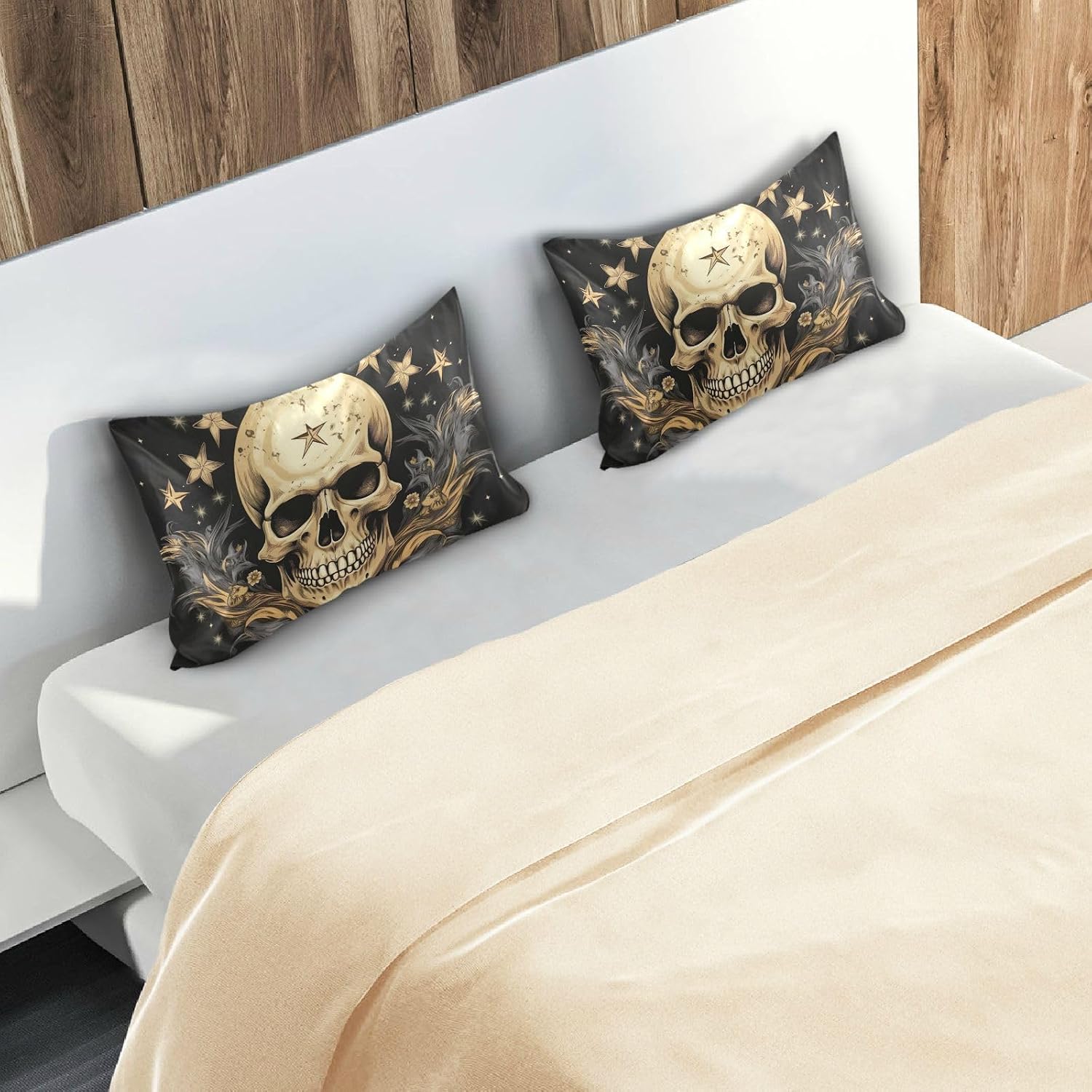 YETTASBIN Skull Star Satin Pillowcase, Soft Breathable Silk Pillow Case with Envelope Closure for Hair and Skin, Standard Size 26 x 20 Inch