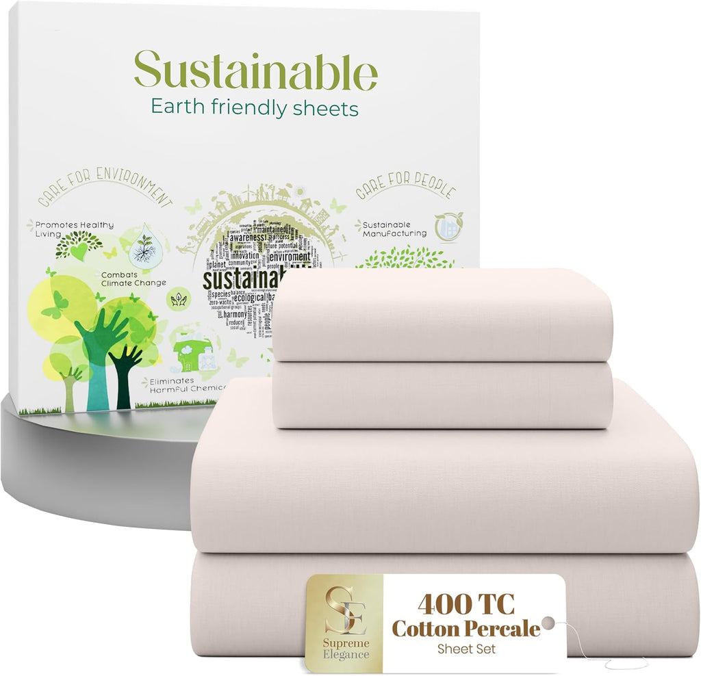 SupremeElegence SUPREME ELEGANCE 4 Pcs 100% Cotton Queen Sheet Set, Light Pink, 400 Thread Count, Percale Weave, Cooling, Long Staple Cotto…