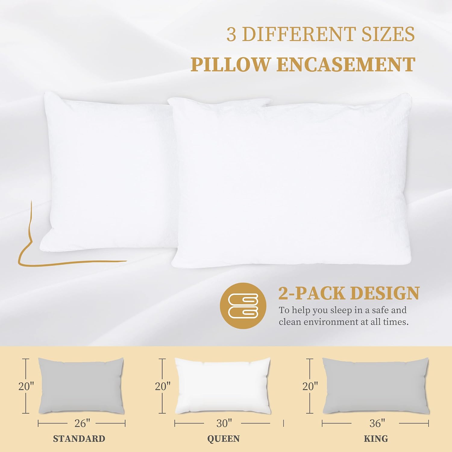 SafeandSound Queen Size Waterproof TPU Coating Pillow Protector with Zipper, Cotton Terry Surface Superior Moisture Absorb Breathable Quiet…