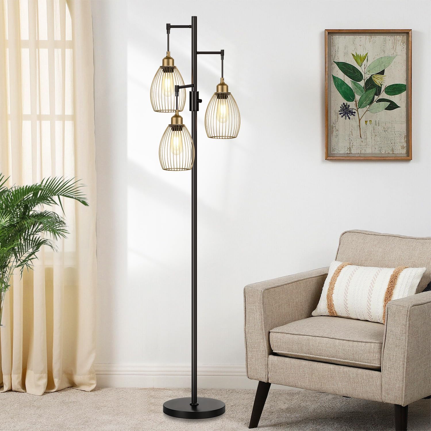 Dimmable Floor Lamp, Industrial Floor Lamps for Living Room, Gold and Black Tree Lamp Standing Lamp Tall Lamps with 3 Elegant Teardrop…