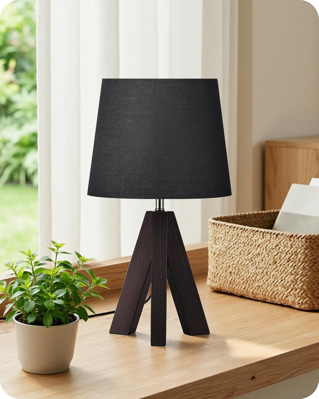 Tripod Table Lamp, 14.6" Small Bedside Lamp, Modern Nightstand Lamp with Black Shade & Dark Walnut Base, Black Table Lamp for Bedroom…