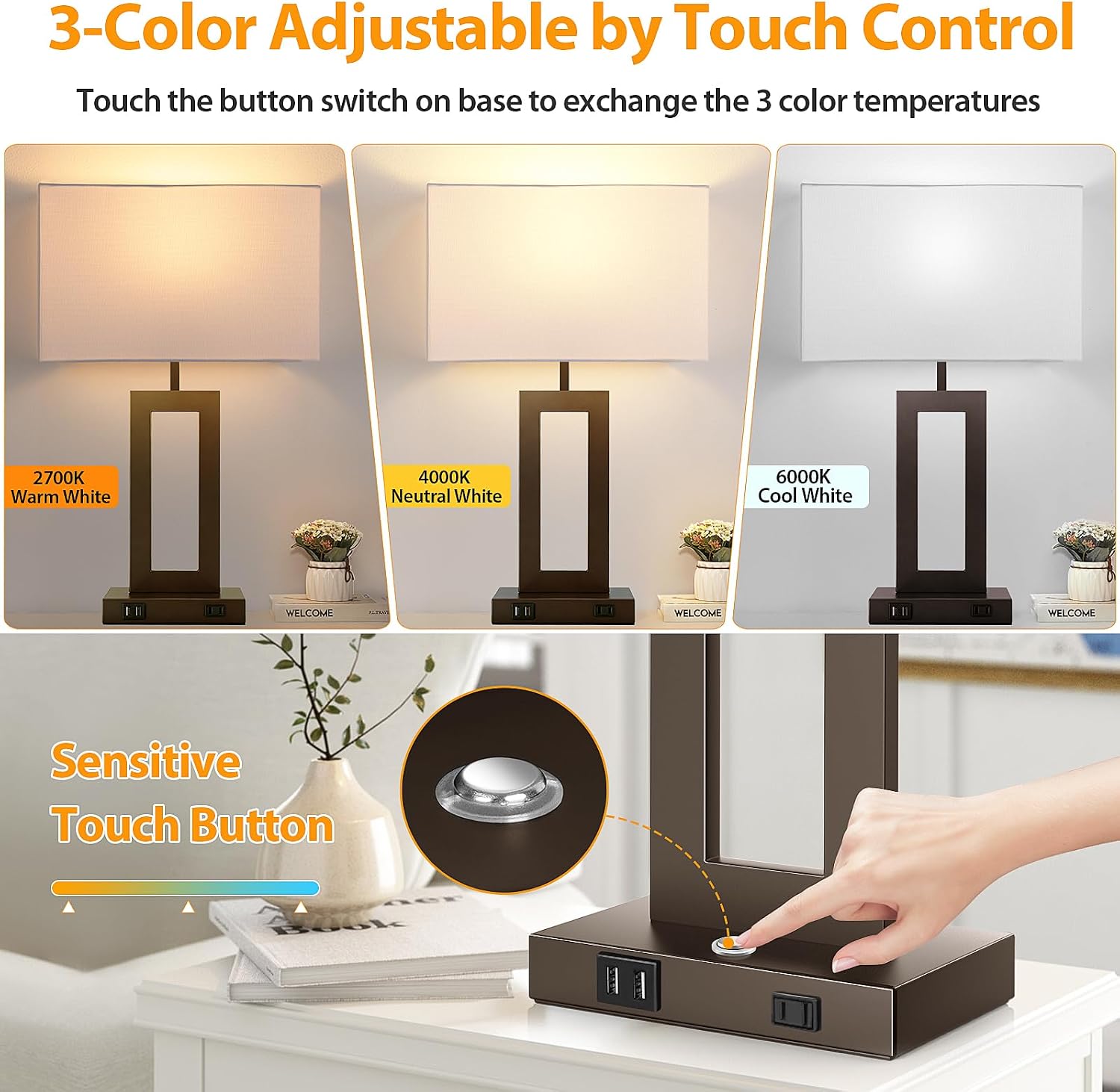 27.2’’ Tall Brown Table Lamps for Living Room Bedroom, Bedside Touch Control Lamps with 2 USB Ports&AC Outlet, 3 Color Temp.&Stepless…