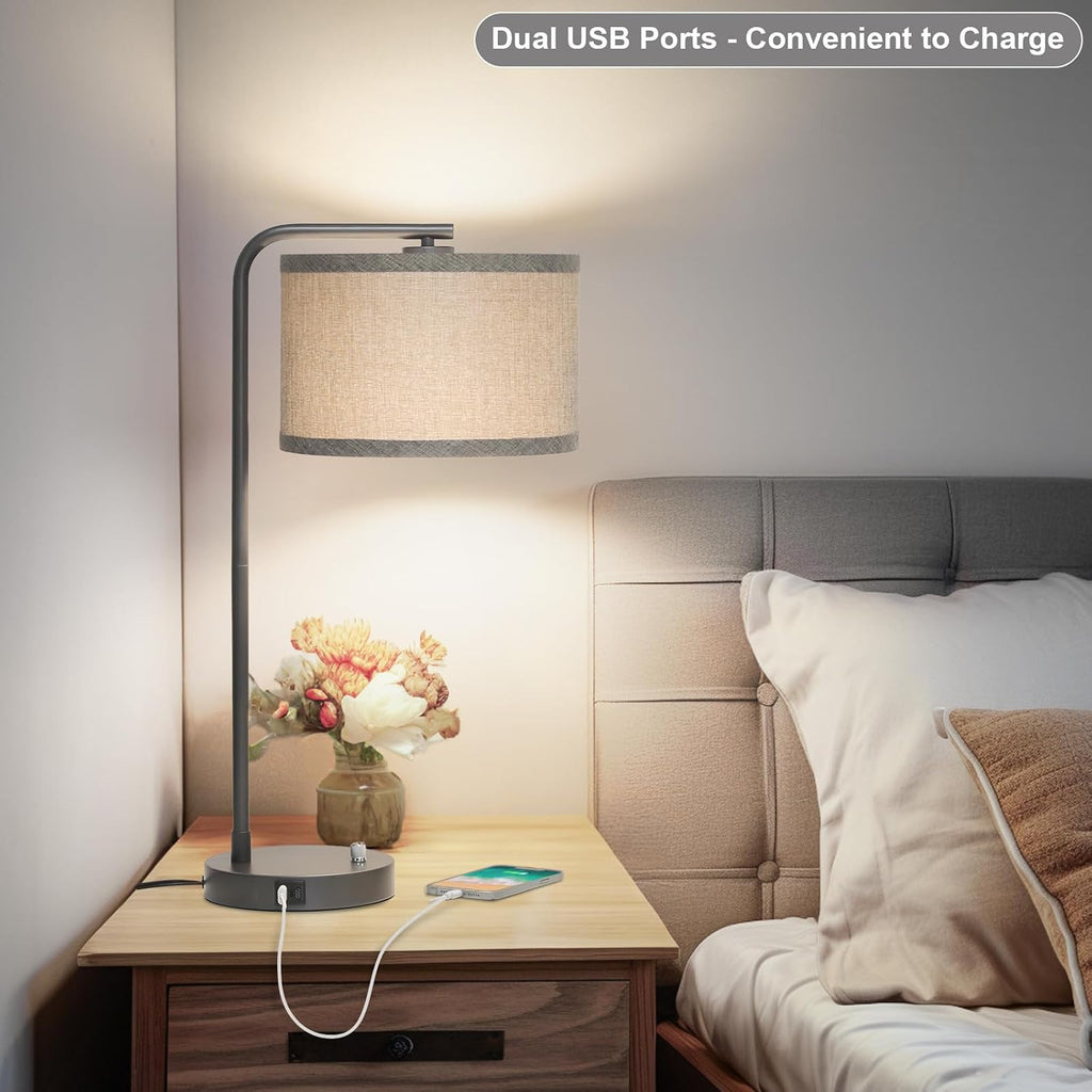 Gray Bedside Lamp with USB C+A Charging Ports, Fully Dimmable Modern Nightstand Lamp with Grey Fabric Shade, Tall Reading Lamp Desk Lamp…