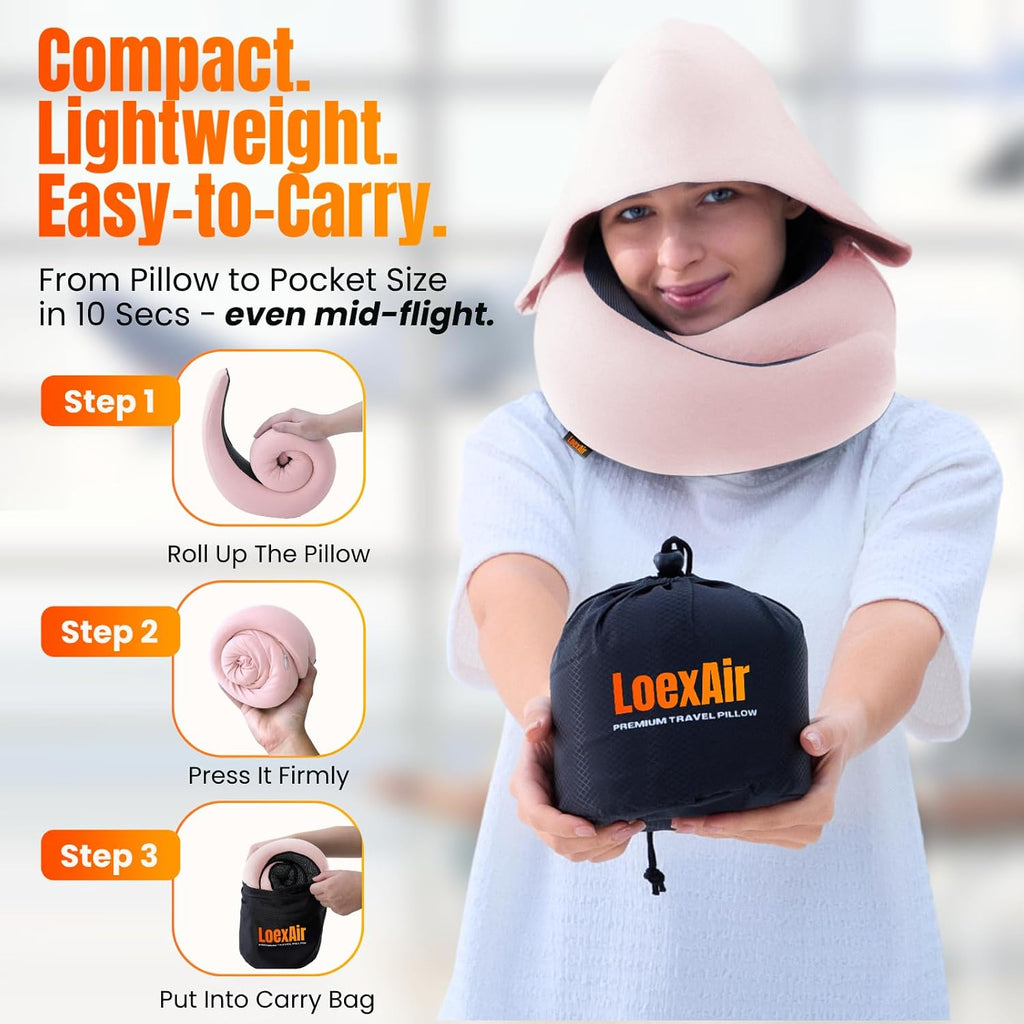 LOEXAIRTM Hooded Pro Travel Pillow - Memory Foam Neck Support Pillow for Airplane, Flight - Super-Soft Pure Cotton Fabric, Maximum Privacy…