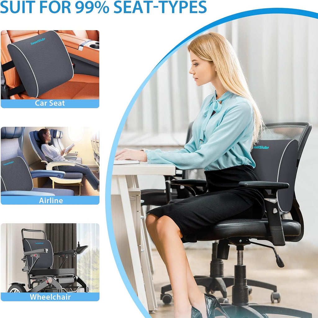 SweetSlubr Lumbar Support Pillow for Office Chair, Car Seats and Home Desks, Ergonomic Back Support with Double Adjustable Straps…