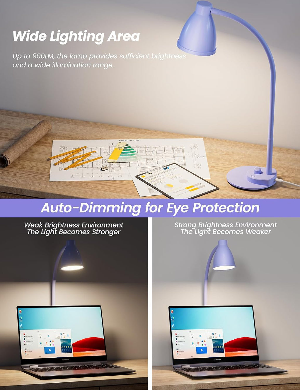 BOHON LED Desk Lamp with USB Charging Port, 3 Color Modes Fully Dimmable Reading Lamp, Auto Dimming Task Lamp, Flexible Neck Table Light…