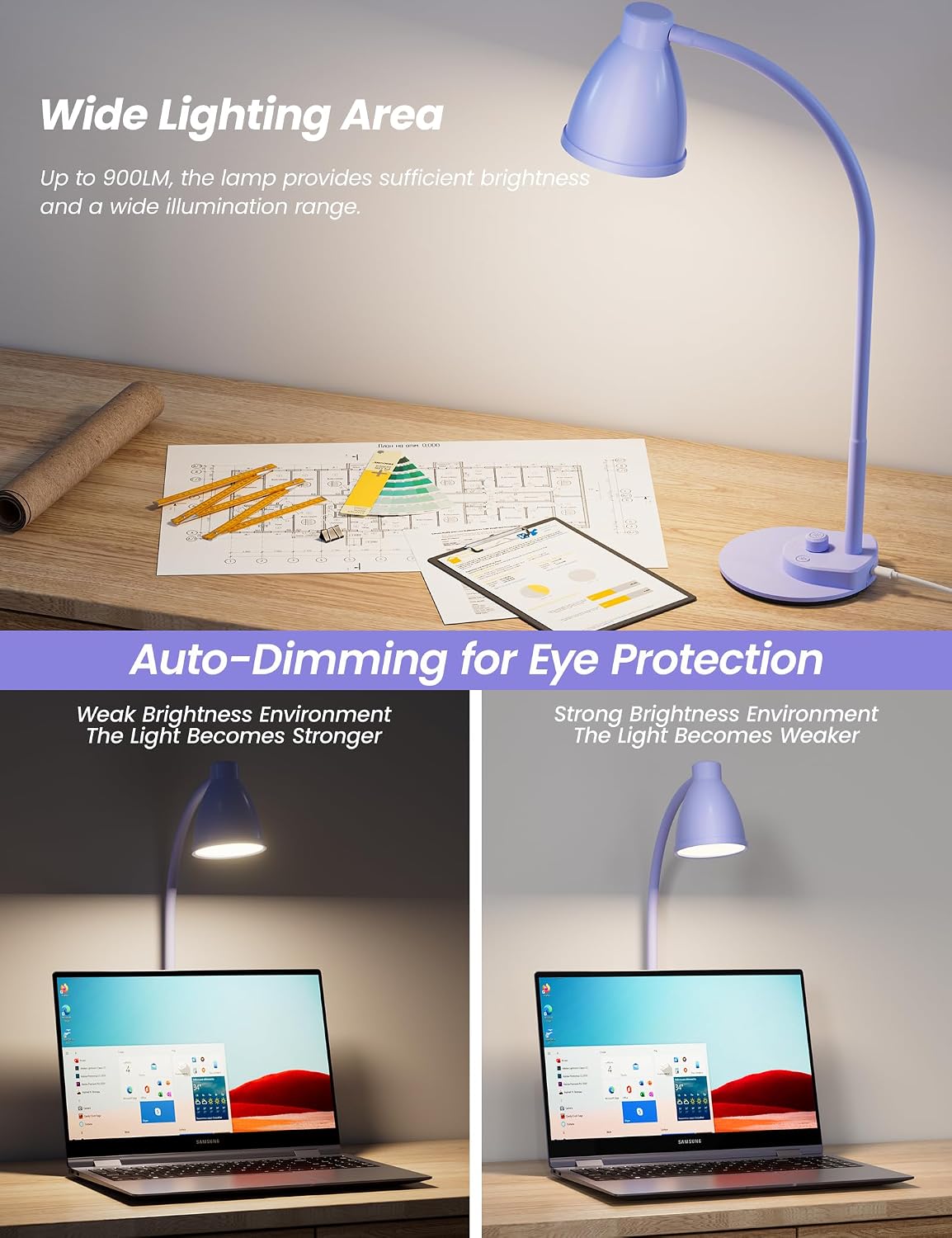 BOHON LED Desk Lamp with USB Charging Port, 3 Color Modes Fully Dimmable Reading Lamp, Auto Dimming Task Lamp, Flexible Neck Table Light…