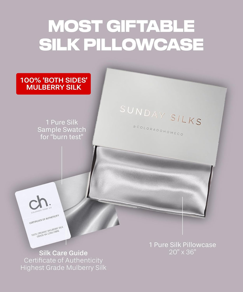 ColoradoHomeCo SUNDAYSILKSTM Silk Pillow Cases | 100% Mulberry Silk Pillowcase with Zipper, Real 22 Momme Grade 6A Silk, Standard Queen, Kin…