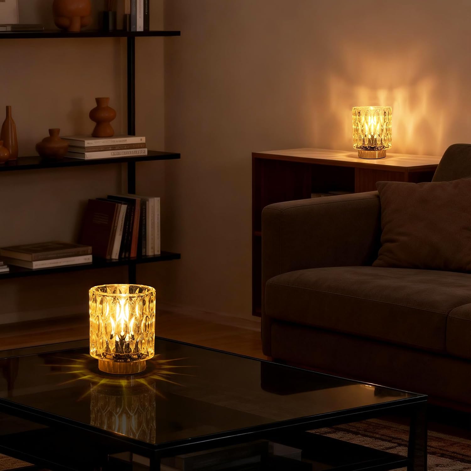 LUSHARBOR Battery Operated Table Lamp Set of 2, Small Gold Glass Decorative Lamps with Timer, Cordless Mini Ambient Lights for Bedroom…