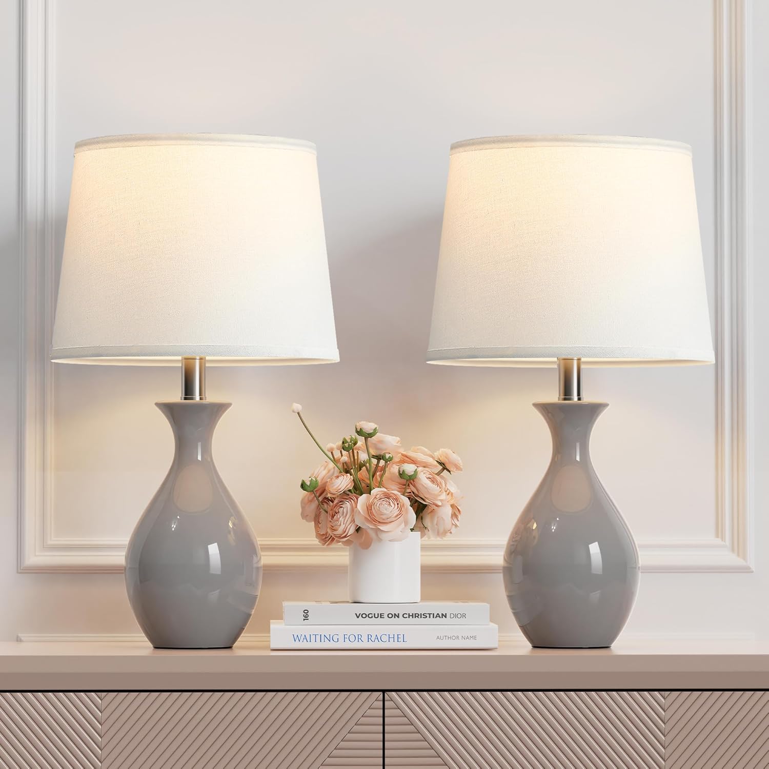 PARTPHONER Table Lamp Set of 2, Modern Ceramic Bedside Lamps for Night Stands, Classic Small Lamp Nightstand Lamp for Bedroom Living Room…