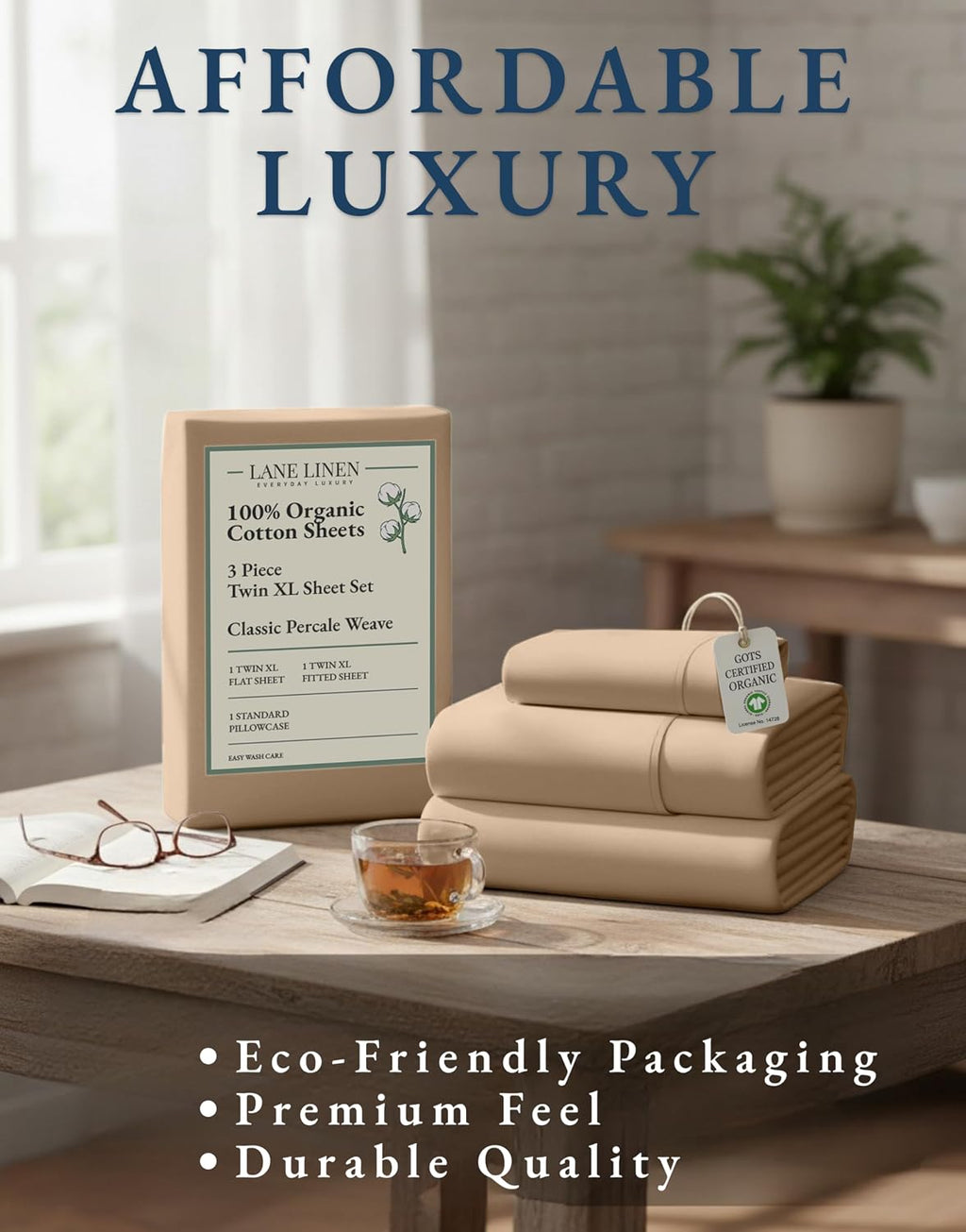 LaneLinen LANE LINEN 100% Organic Cotton Twin XL Sheets Set, Fully Elasticized Bed Sheets Set Twin XL Size Perfetct for Hospital beds, Deep…
