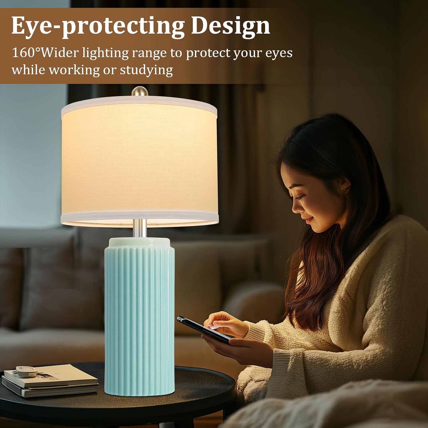Tobusa 23.5’’ Light Green Coastal Table Lamps for Bedroom Set of 2, Modern Ceramic Nightstand Lamps for Living Room, Elegant Bedside Lamps…