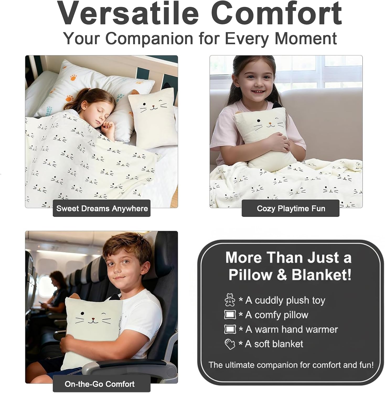 VigorSpring 3-in-1 Cat Travel Blanket and Pillow Set for Kids, Soft Snuggle Pillow with Hand Warmer, 40x60 Inch Cute Cat Blanket, Compact f…