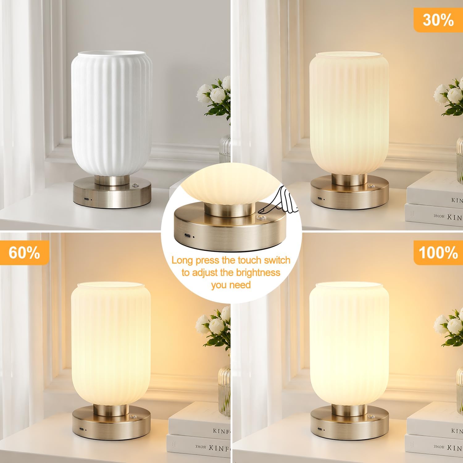 LightRound Cordless Table Lamp for Bedroom, 7500mAh Rechargeable Small Battery Lamp, Modern Touch Dimmable Wireless Lamp Brushed Nickel…