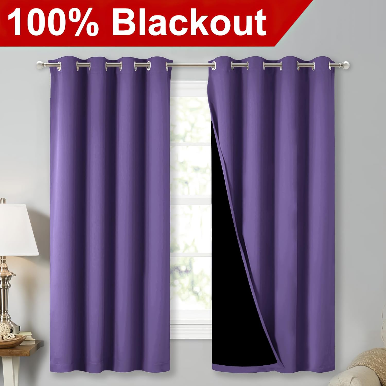 Nicetown 100% Blackout Curtains with Black Liners, Thermal Insulated Full Blackout 2-Layer Lined Drapes, Energy Efficiency Window Draperies…