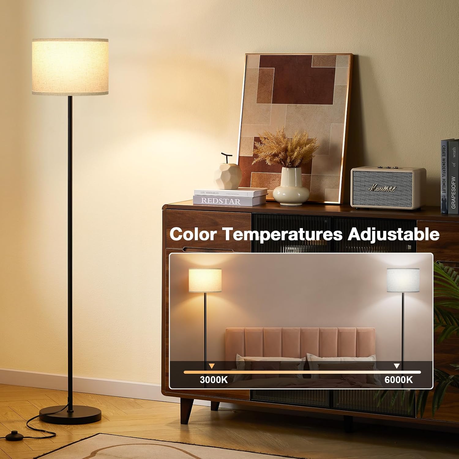 Ambimall 60'' Modern Floor Lamp with Remote, Tall Lamps for Living Room, Bedroom, Office, Dining Room, Beige Shade with Black…