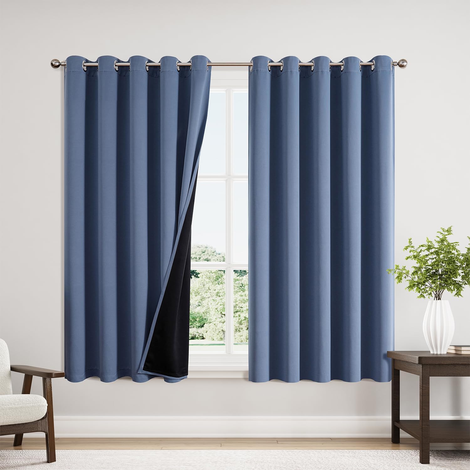ChrisDowa 100% Blackout Curtains 63 inch Long for Bedroom with Black Liner, Extra Wide 2 Thick Layers Total Blackout Thermal Insulated Grom…