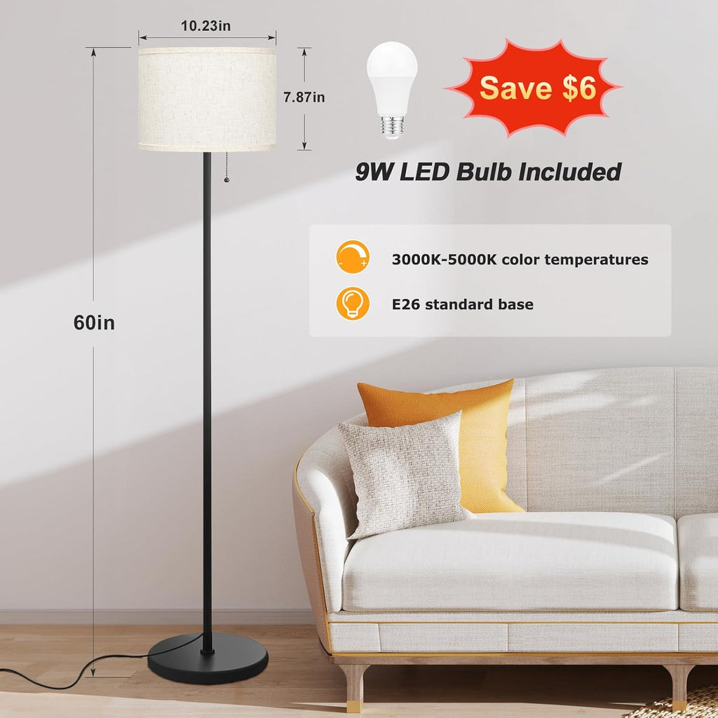 Ambimall Modern Standing Floor Lamp for Living Room & Bedroom with 3 Color Temperatures Bulb & Pull Chain Switch, 60" Tall with Beige…