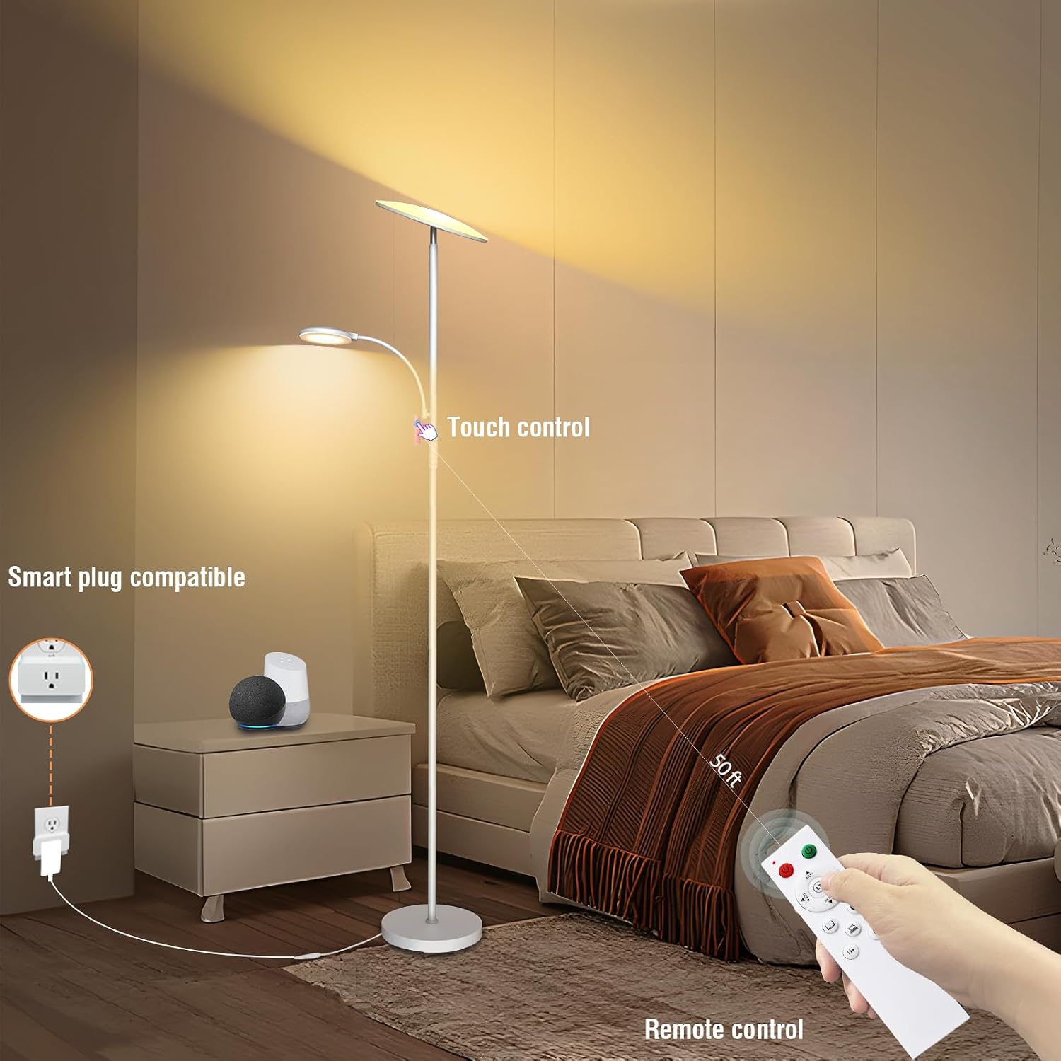 Marctronic White Floor Lamps for Living Room, 44W/4500LM Super Bright 2 in 1 LED Floor Lamp with Remote, Stepless Dimmable, 69" Tall Standi…