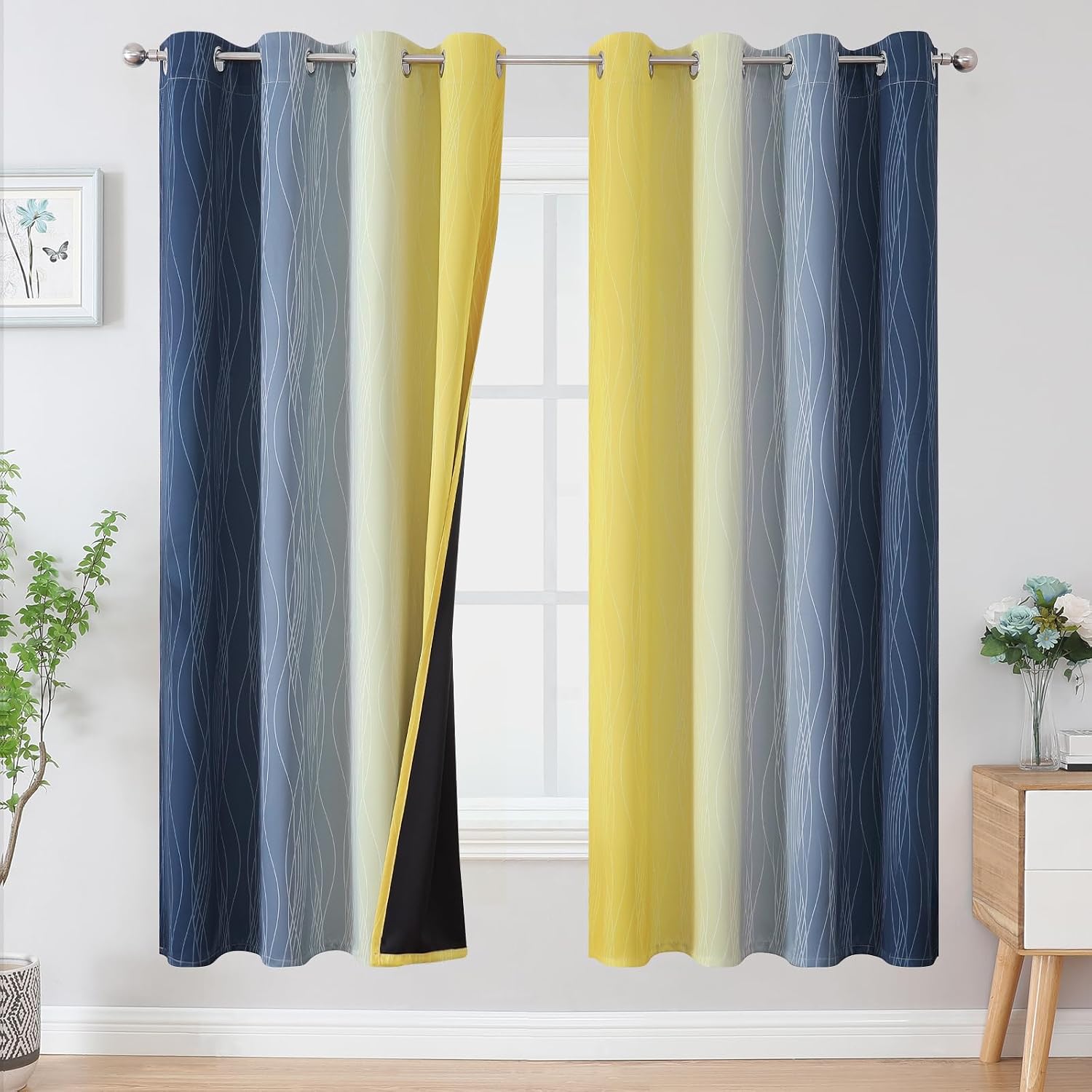 Estelartextiler Estelar Textiler Navy Blue and Yellow Blackout Curtains 72 Inch Length 2 Panels Set, Full Room Darkening Grommet Ombre Curt…