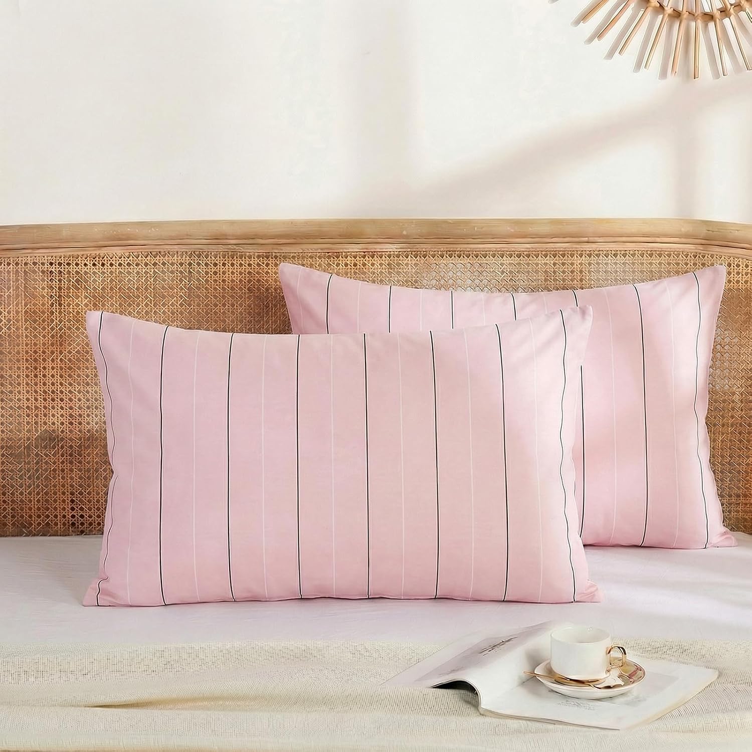 Merryword Pink Striped Pillowcases, 100% Cotton Pillow Cases, King Size Pillowcases, Soft Breathable Pinstripe Pillow Covers, Set of 2 Cott…
