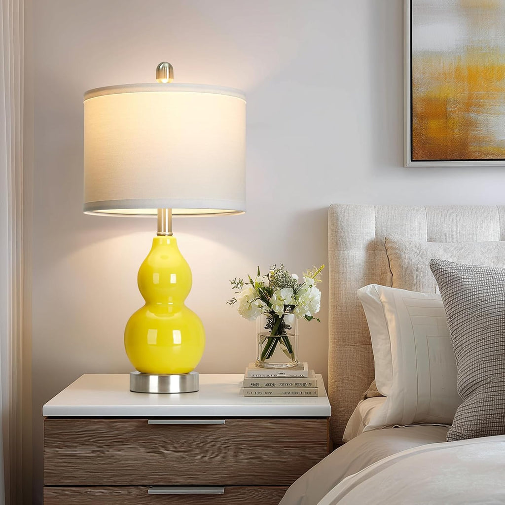 Rinweey Double Gourd Ceramic Table Lamps Set of 2, Modern Yellow Bedside Lamps for Night Stand, Contemporary Nightstand Lamps for Bedroom…