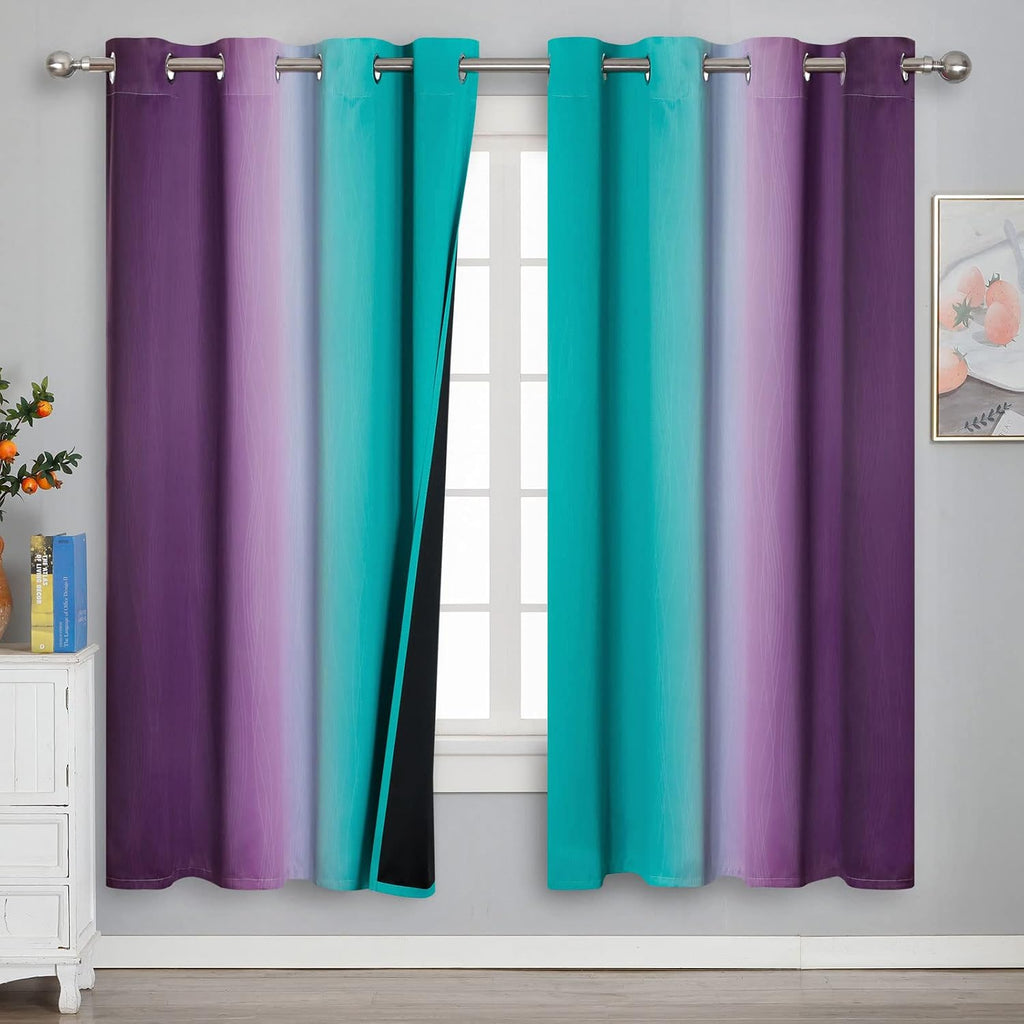 Estelartextiler Estelar Textiler Ombre Teal and Purple Blackout Curtains 72 Inch Length 2 panels, Grommet Thermal Insulated Gradient Drapes…