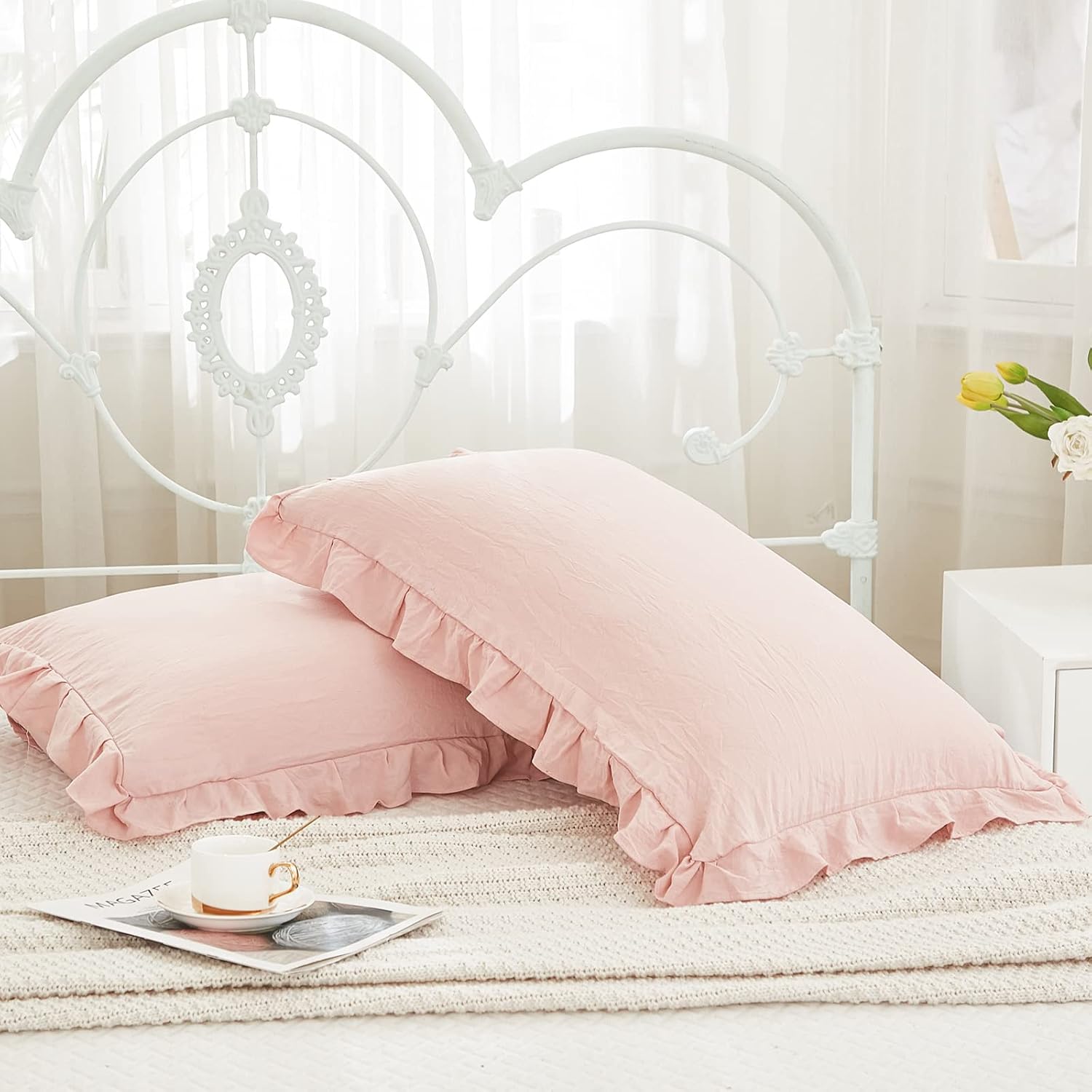 Merryword Pink Pillow Shams Standard Pillowcases 20x26inch Pink Ruffle Cute Pillow Cover Set of 2 Shabby Chic Soft Microfiber Pillowcases 2…