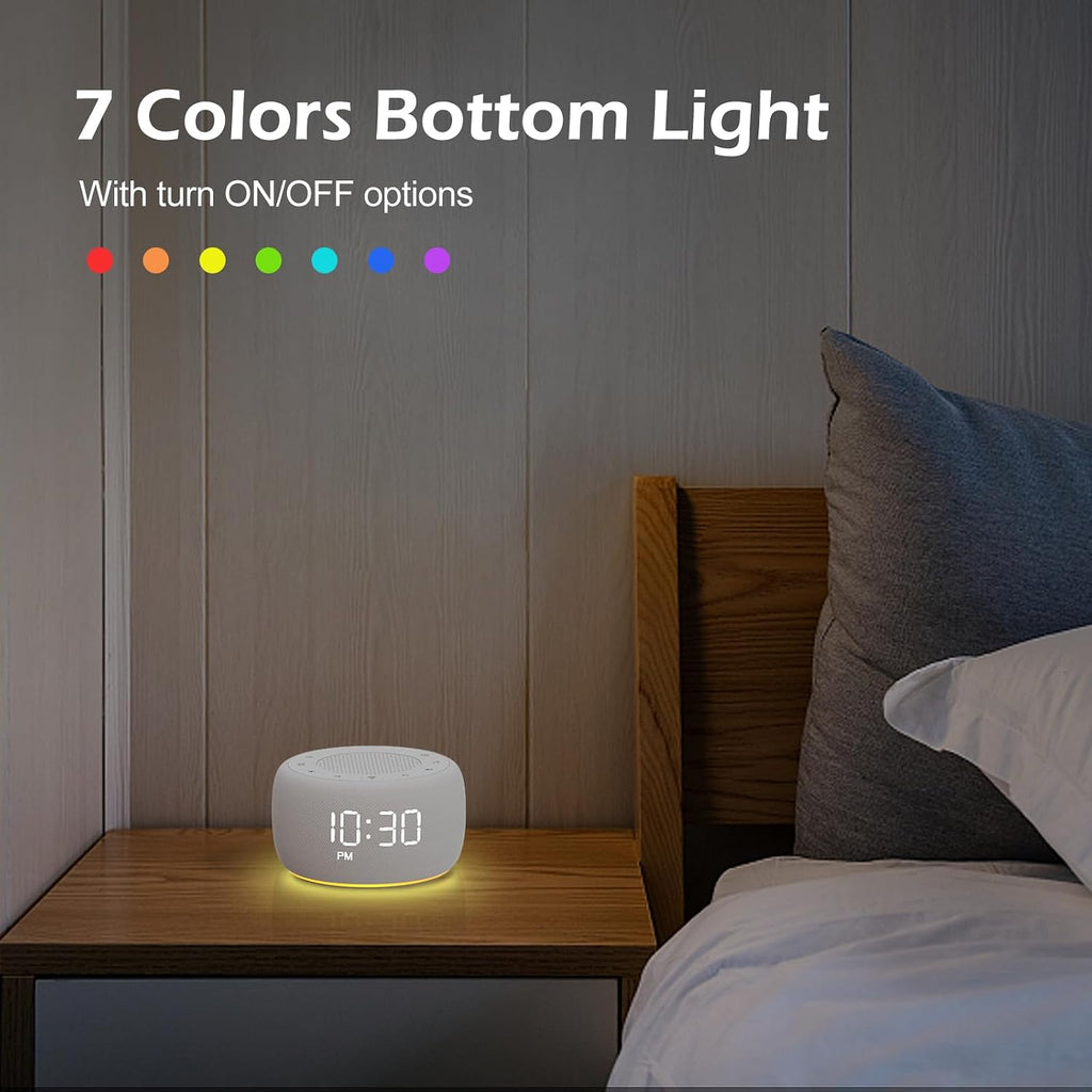Buffbee Sound Machine & Alarm Clock 2-in-1, 0-100% Clock Face Brightness, Bottom Colored Light, Sleep Timer, Precise 30-Level Volume…