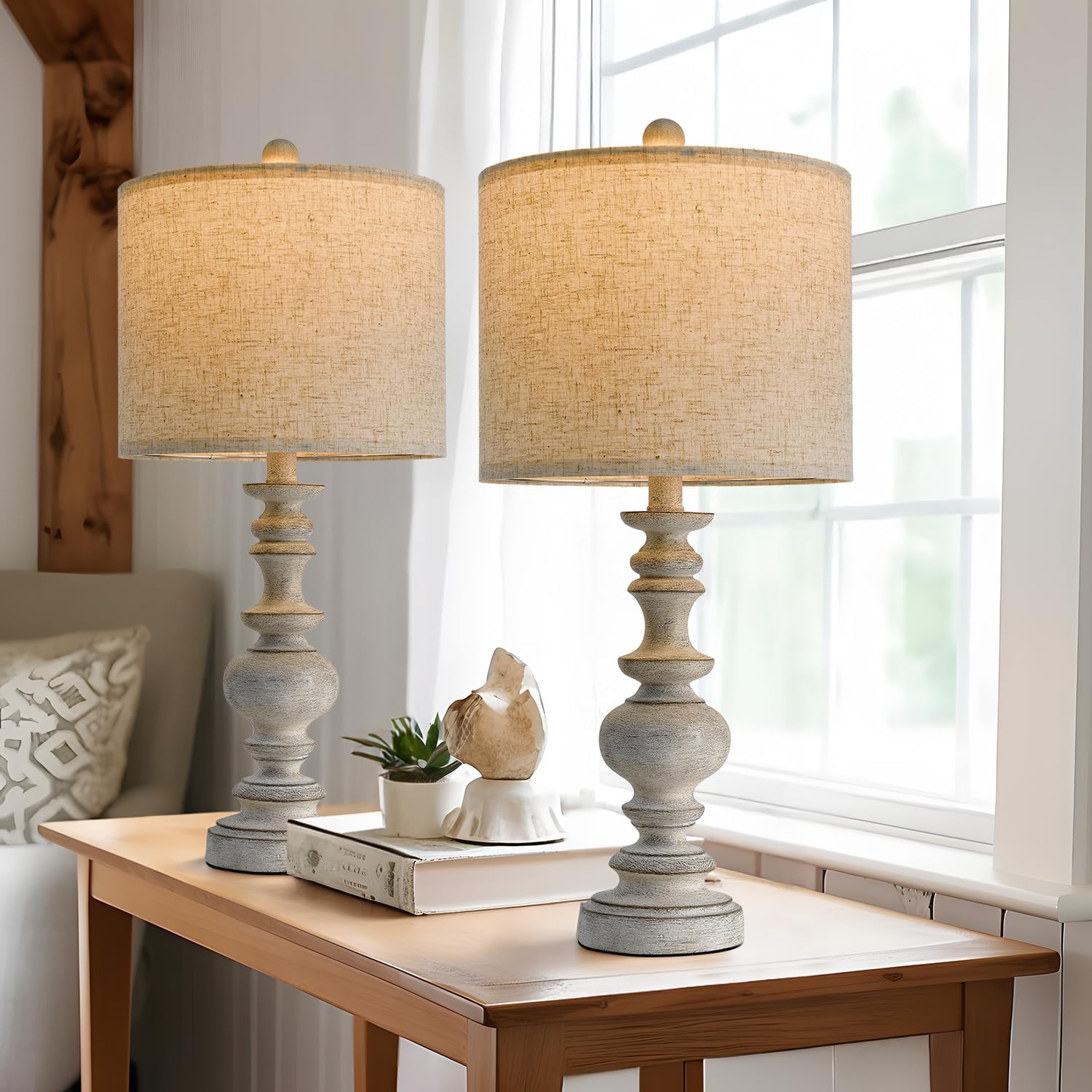 BOBOMOMO 24" Farmhouse Retro Table Lamp Set of 2, Traditional Resin Lamps for Living Room Bedroom, Vintage Bedroom Lamps with Linen…
