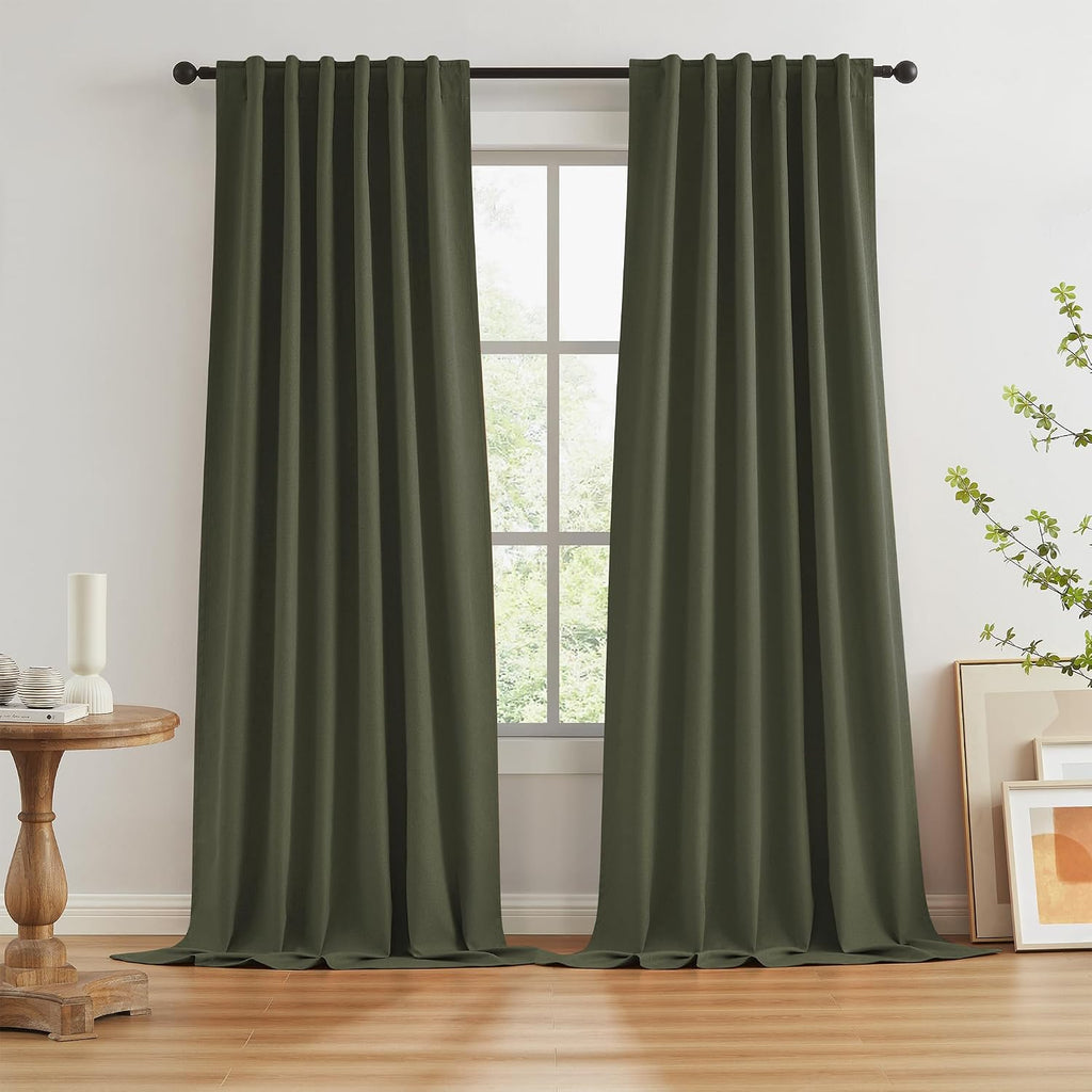 Keqiaosuocai Dark Olive Green Blackout Curtains 102 Inches Long 2 Panels Set- Faux Linen Textured Black Out Thermal Insulated Noise Reducti…