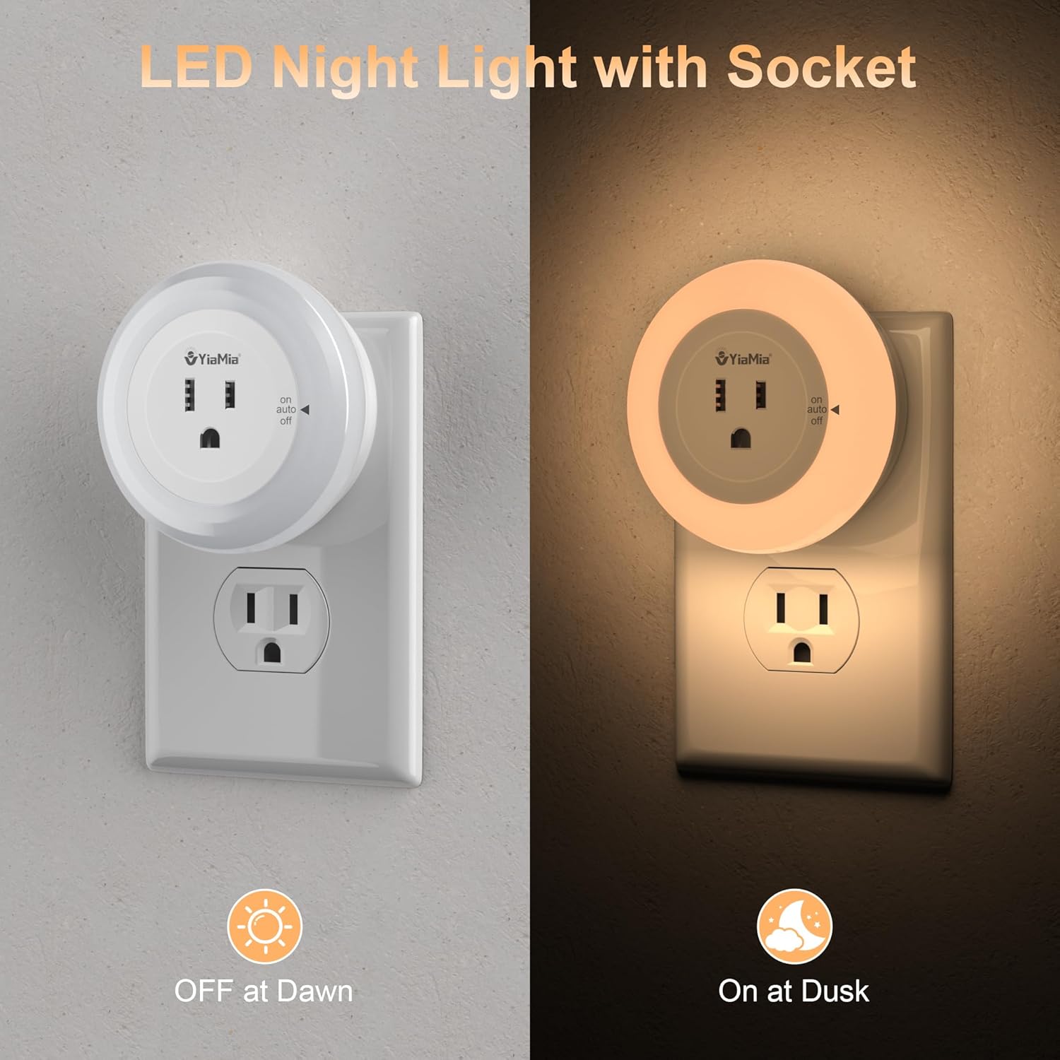 YiaMiaNightLights YiaMia Night Lights Plug Into Wall, Dusk to Dawn Sensor Night Light with Outlet, Warm Light Dimmable Nightlights–5-25 Lum…