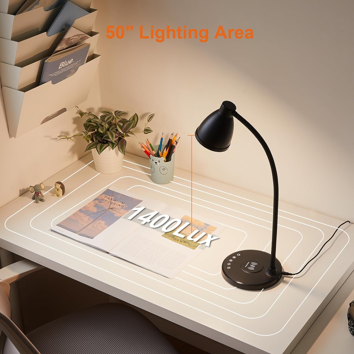 BOHON Desk Lamp for Home Office, LED Desk Light with USB C+A Charging Ports, Wireless Charger, 5 Colors Stepless Dimming Reading Light…