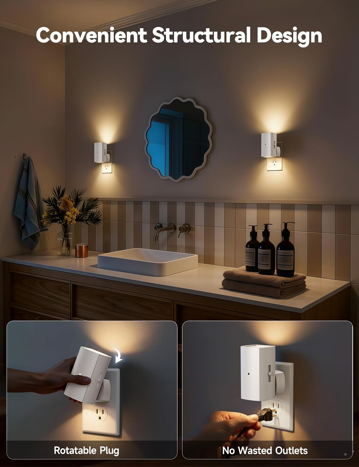Brightown 2 Pack White Night Lights Plug into Wall, Modern Night Light with Rotating Plug, Dusk to Dawn Sensor, 0-100LM Stepless Dimming…