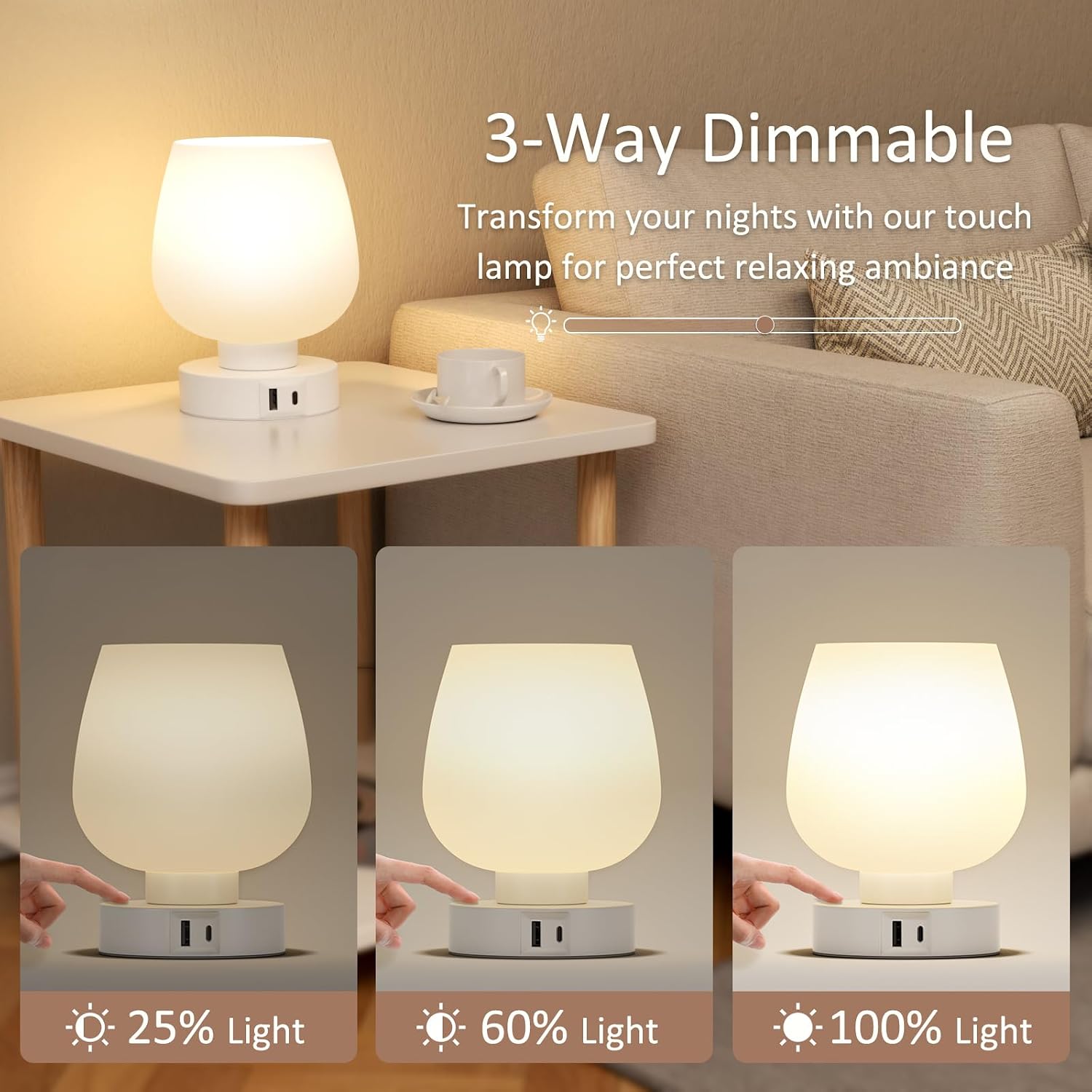 Touch Table Lamp for Nightstand - Bedside Lamp with USB C+A Charging Ports for Bedroom Living Room Night Stands, Desk Lamp with White…