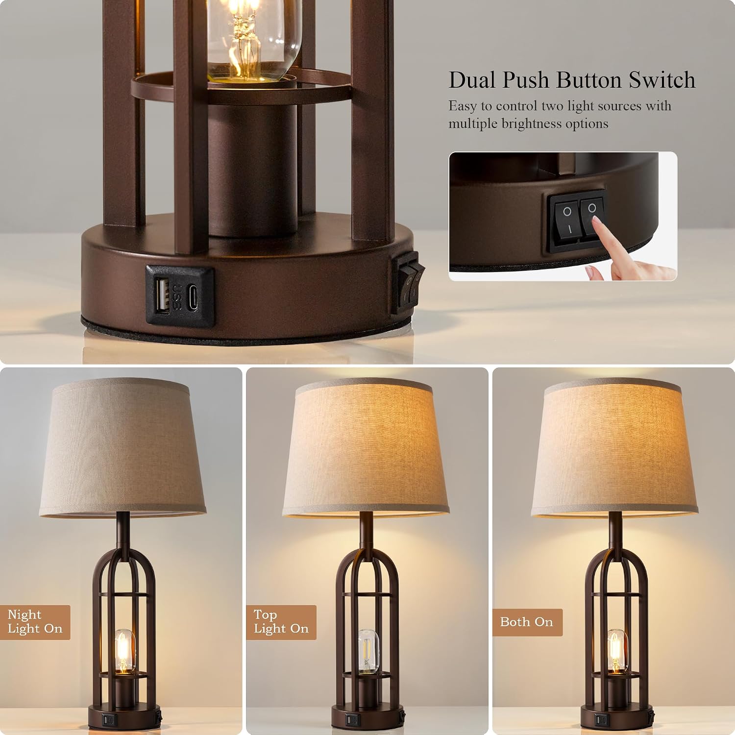 SRJJA Table Lamps for Living Room End Table Set of 2 - Farmhouse Industrial Bedside Lamps for Bedroom Nightstand with Nightlight and USB…