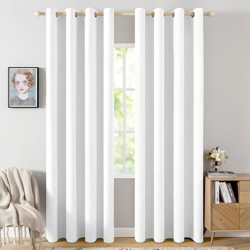 Miulee 90 Inches Linen Textured Curtains for Bedroom 100% Blackout Thermal Insulated Bright White Grommet Room Darkening Drapes Luxury Deco…