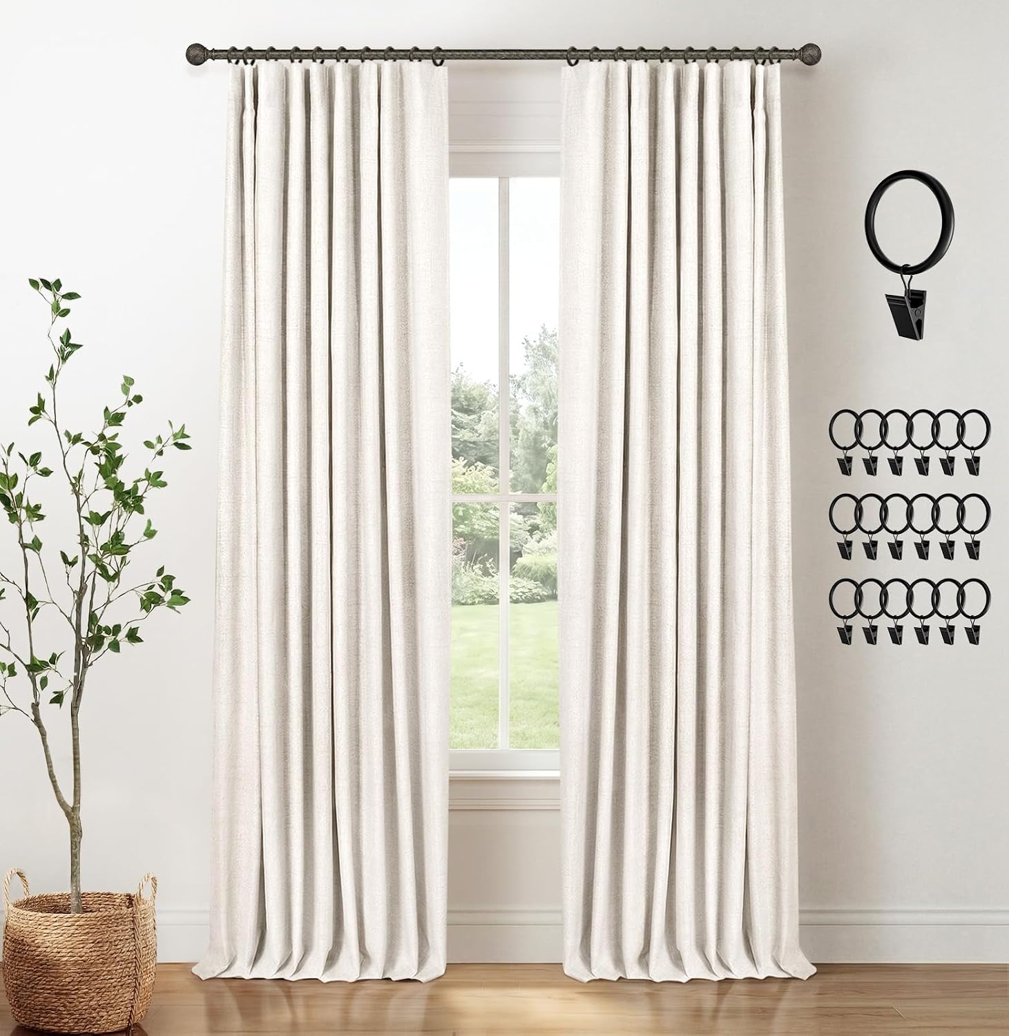 INOVADAY 100% Blackout Curtains for Bedroom, Black Out Curtains 90 Inch Long, Clip Rings Linen Blackout Drapes, Thermal Insulated Room…