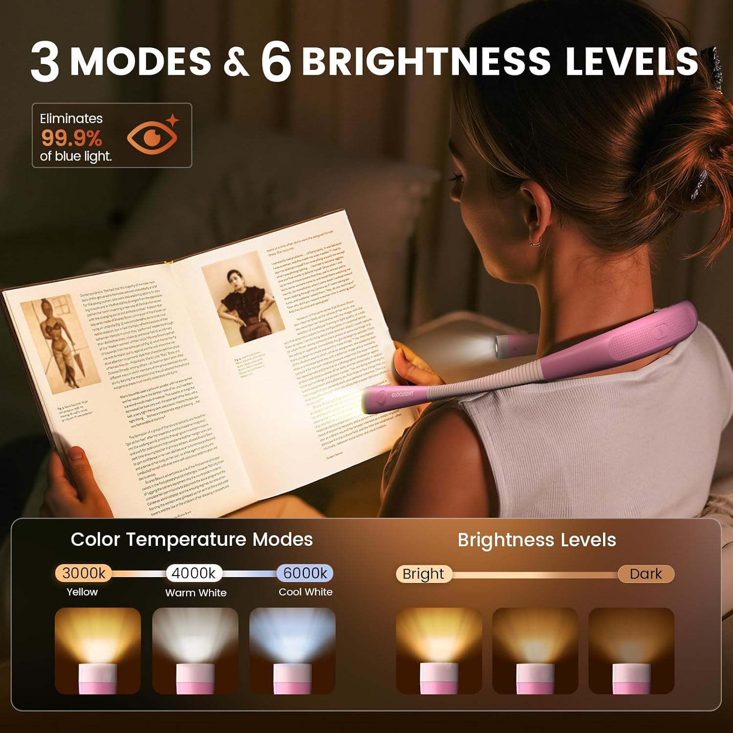 Glocusent Book Light, 3-Color & 6-Brightness Reading Light, Bendable Neck Light, 80-hr Lasting Rechargeable Book Light, Perfect Reading…