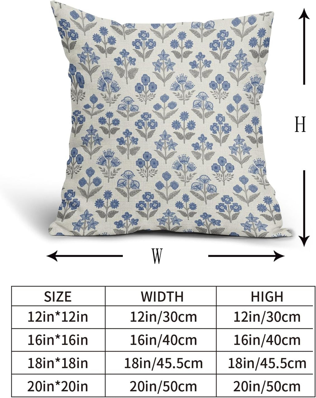 Blue Grey Gray Floral Pillow Covers 22x22 Inch Set of 2, Vintage Flower Block Print Pattern Decorative Throw Pillowcases Outdoor…