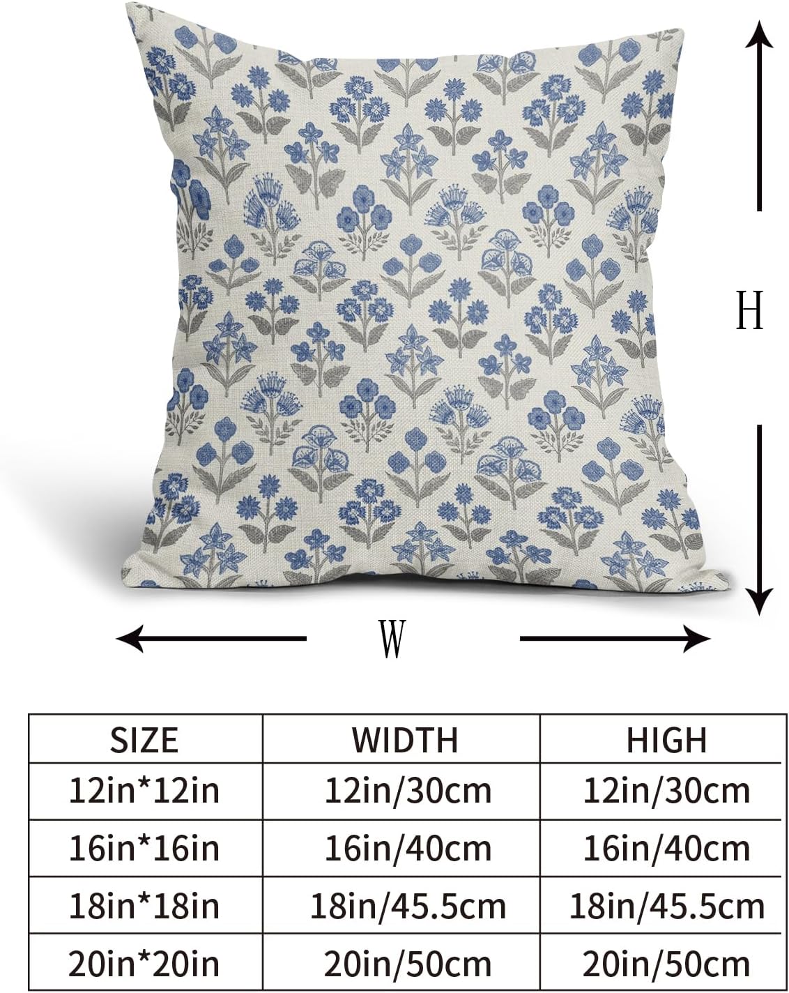 Blue Grey Gray Floral Pillow Covers 24x24 Inch Set of 2, Vintage Flower Block Print Pattern Decorative Throw Pillowcases Outdoor…