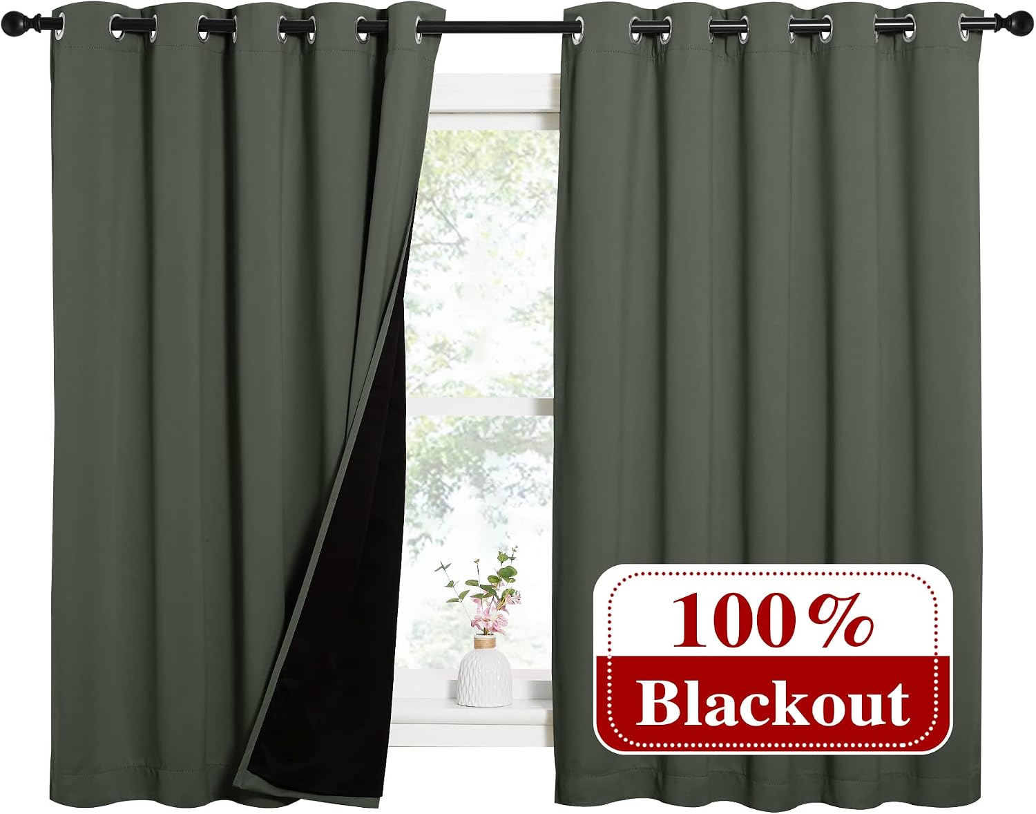 Nicetown Dark Mallard 100% Blackout Lined Curtains, 2 Thick Layers Completely Blackout Window Treatment Thermal Insulated Drapes for Kitche…