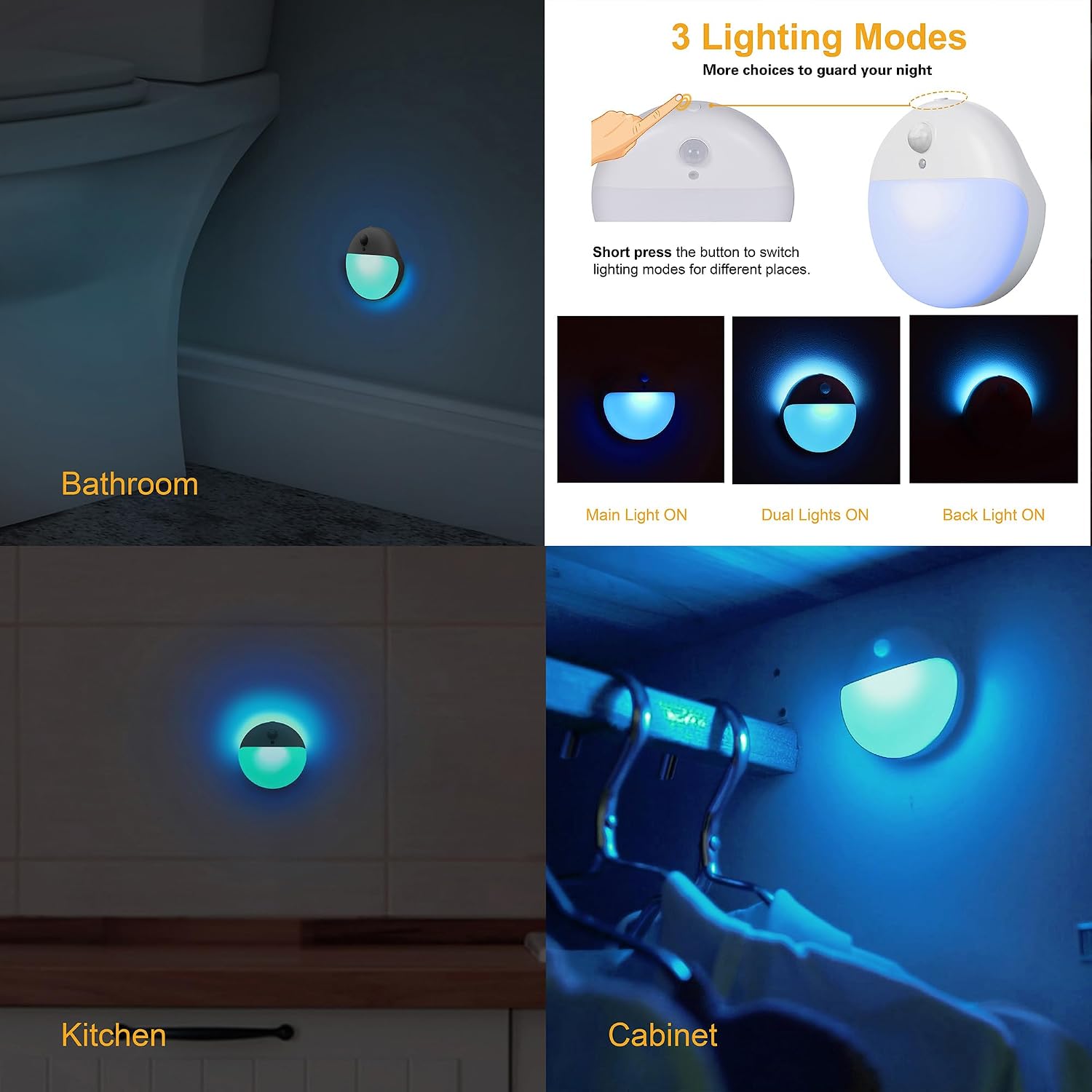 YUNLEX 2 Pack Azure Battery Night Light, Motion Activated Night Light, 2.6" Small Sticky Lights, 3 Light Modes, Dimmable Battery Operated…