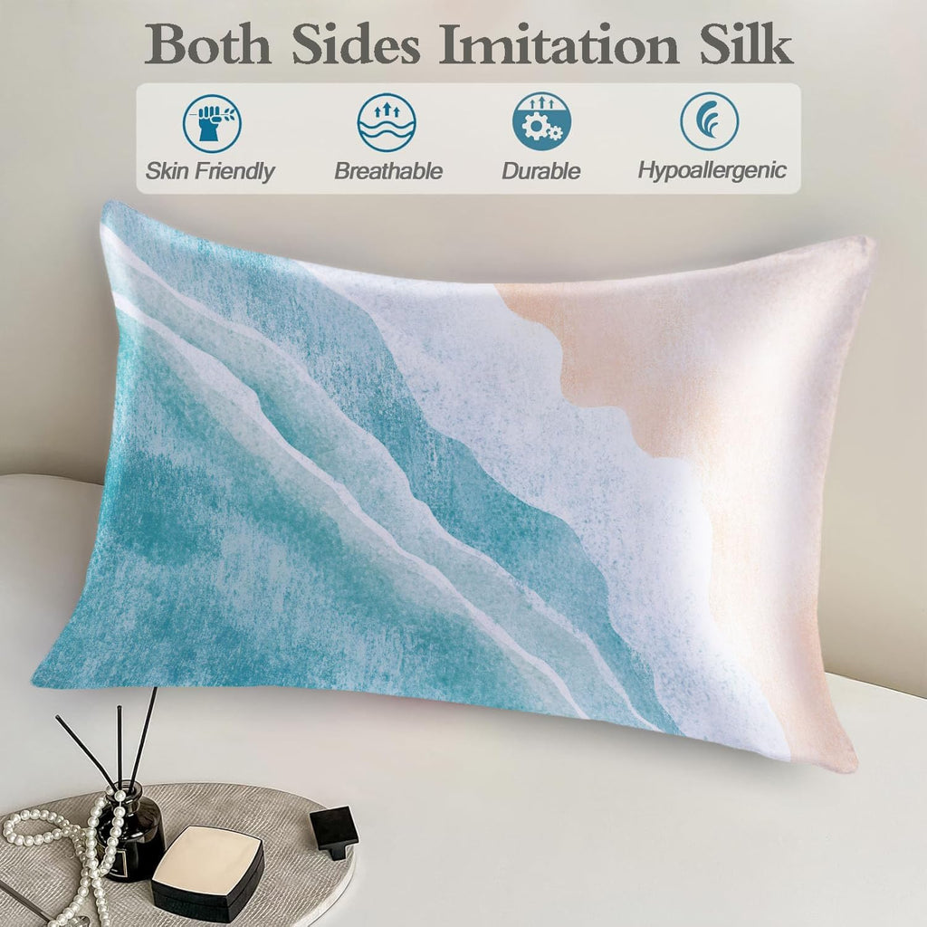 Imitation Silk Pillowcase for Hair and Skin Boho Abstract Blue Sea Beach 1 Pack Satin Queen Pillowcase with Hidden Zipper Cooling Pillow…