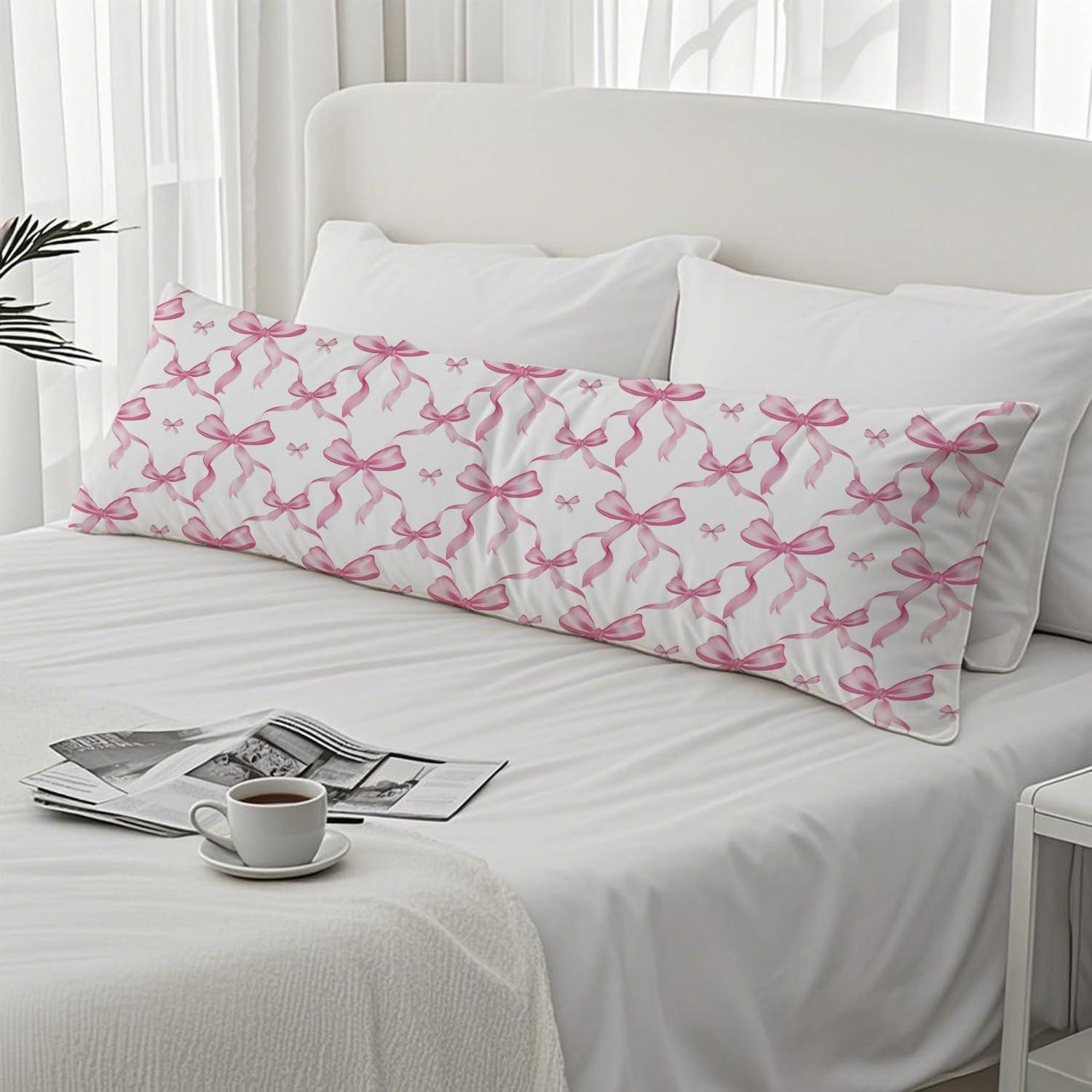 Coquette Pink Bow 20x54 Body Pillow Cover, Coquette Preppy Room Dorm Decor, Girly Room Decor Aesthetic, Pink Ribbon Decorative Long Body…