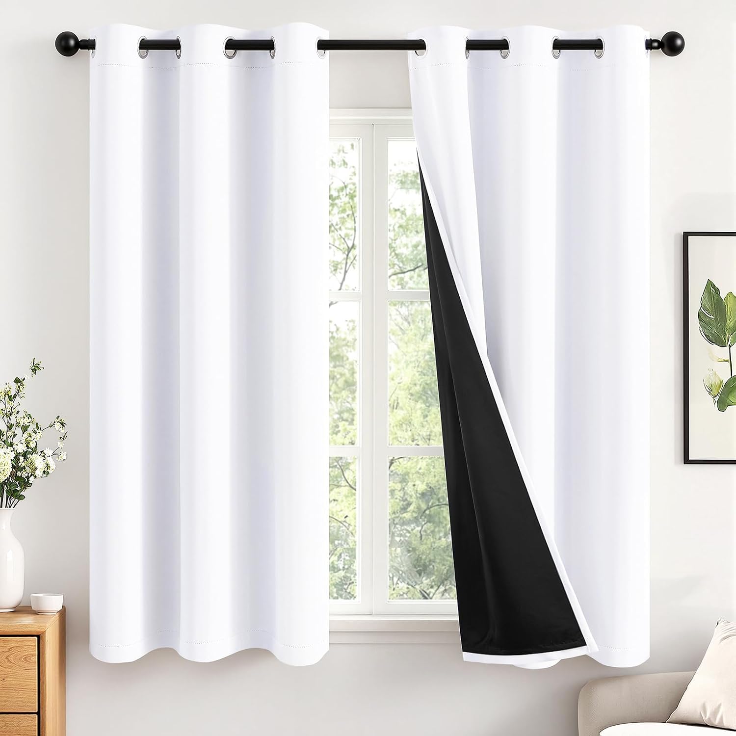 Miulee White 100% Blackout Curtains for Bedroom 45 Inch Length, 2 Thick Layers Thermal Insulated Short Window Curtains with Black Liner, No…