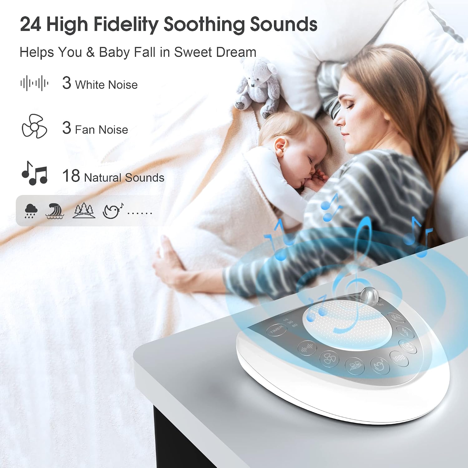 White Noise Machine, Portable Sleep Sound Machine with 24 Soothing Sounds, Timer & Memory Function, Headphone Jack, USB Charging, Powered…