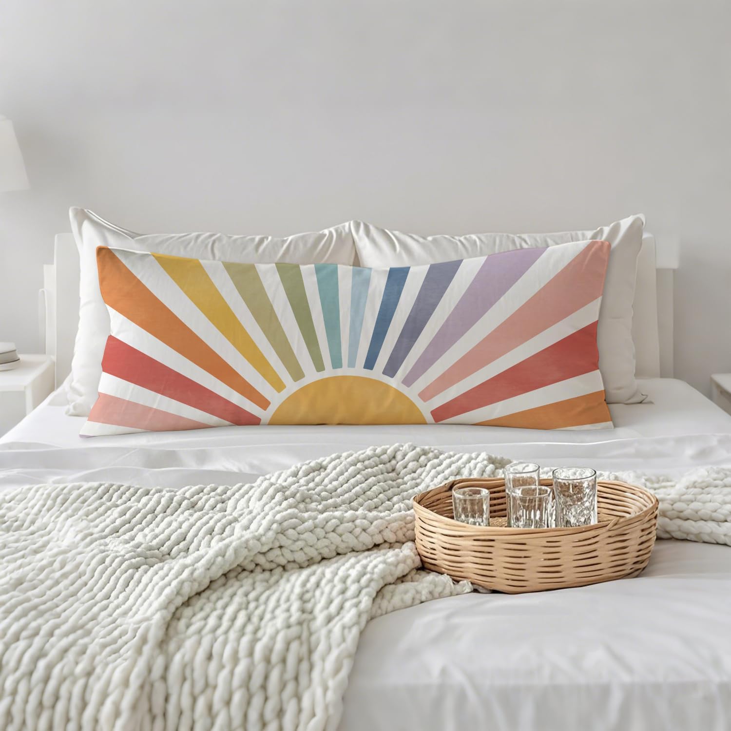 Boho Colorful Sun Sunshine 20x54 Body Pillow Cover, Boho Room Decor, Mid Century Modern Horizontal Sun Sunset Sunrise Decorative Long…