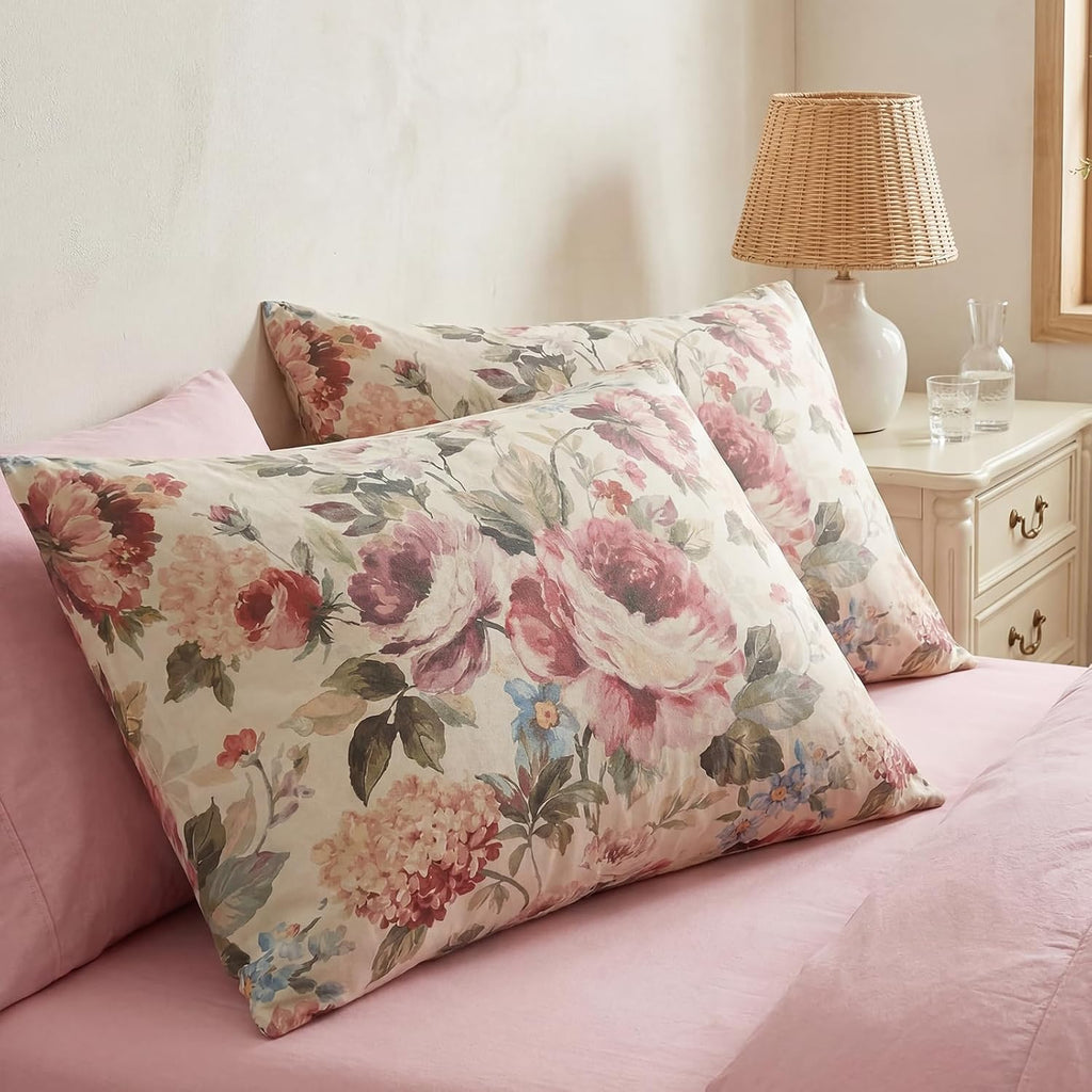 Bedorm King Size Pillow Covers Set of 2 Cotton Pillow Case Dark Pink Rose Flower Botanical Print Floral Pillowcases with Pocket Closure Dec…